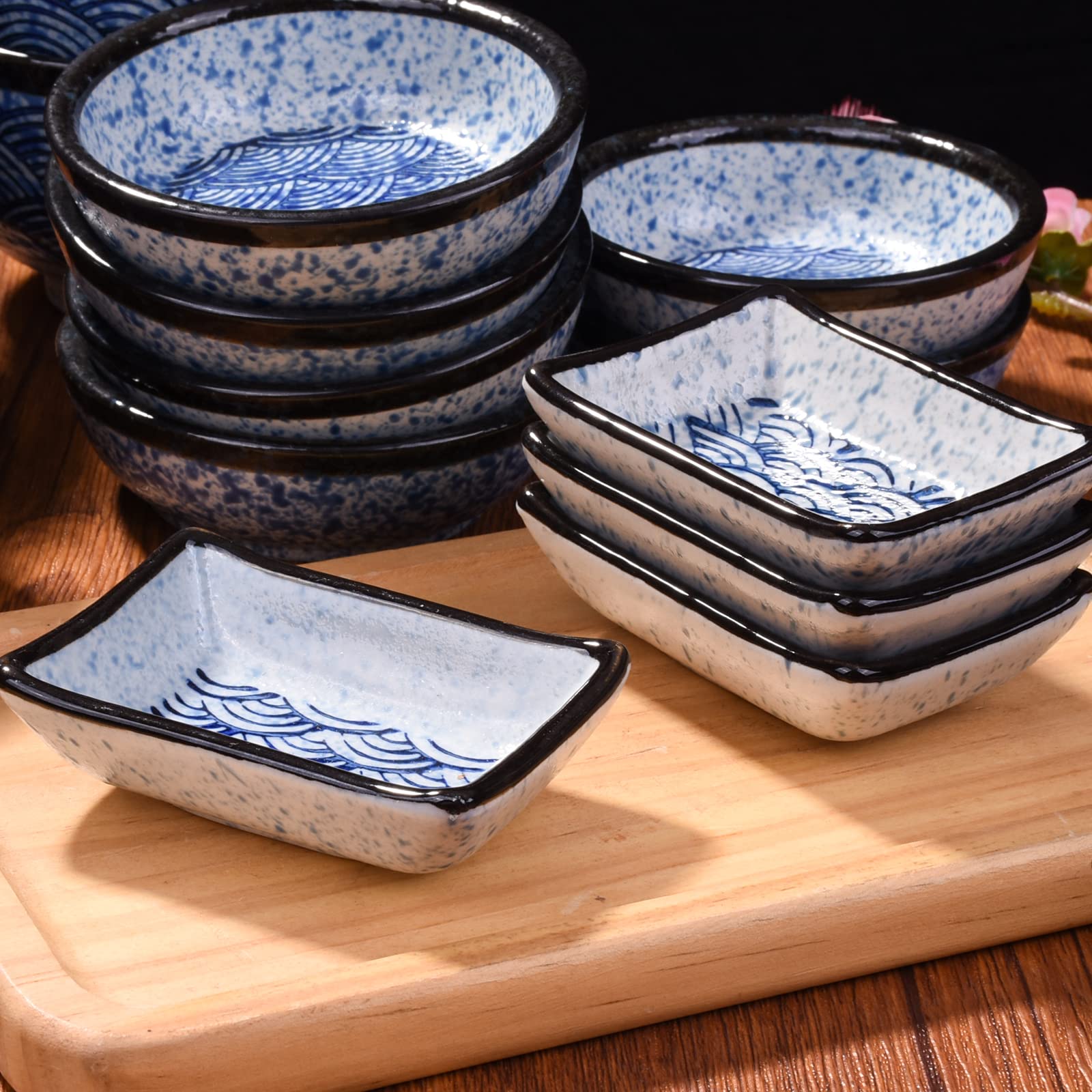 Juego de 4 platos de soja japoneses de cerámica rectangulares para sushi, diseño de olas azules