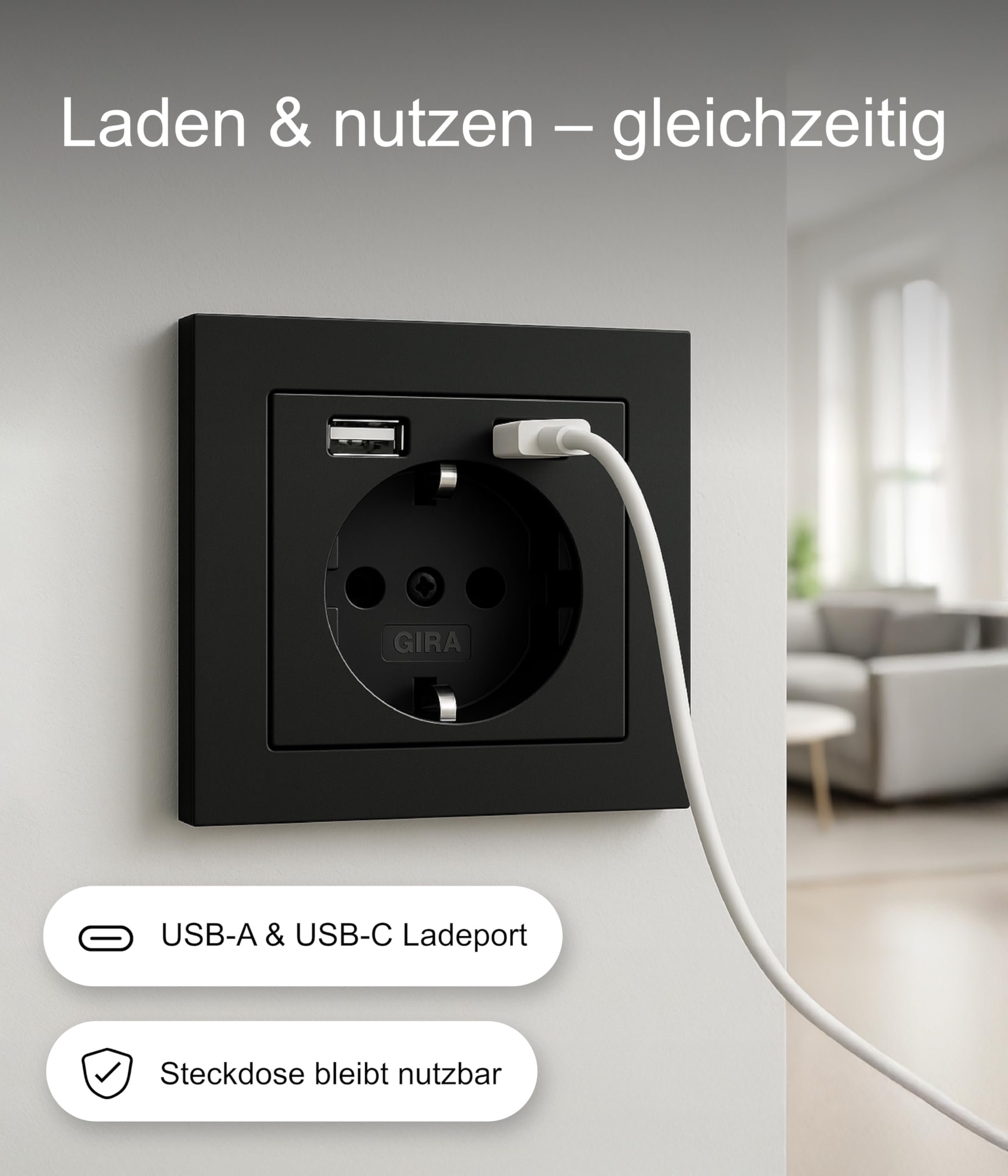 Gira USB Steckdose Schuko Standard 55 Schwarz matt I 2-fach USB Typ-A & Typ-C Ladeanschluss max.2,4A/3A I Unterputz Berührungsschutz 2459005 I 32 mm Einbautiefe I System 55 | Unterputz-Kombi mit 3A Ladestrom und erhöhtem Berührungsschutz, passend für Gira