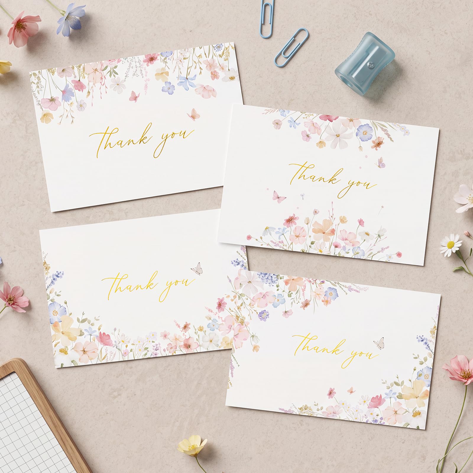 Crisky Lot de 50 cartes de remerciement florales assorties avec enveloppes et autocollants, aquarelle, fleurs sauvages délicates pour anniversaire, fête prénatale, mariage, remise de diplôme