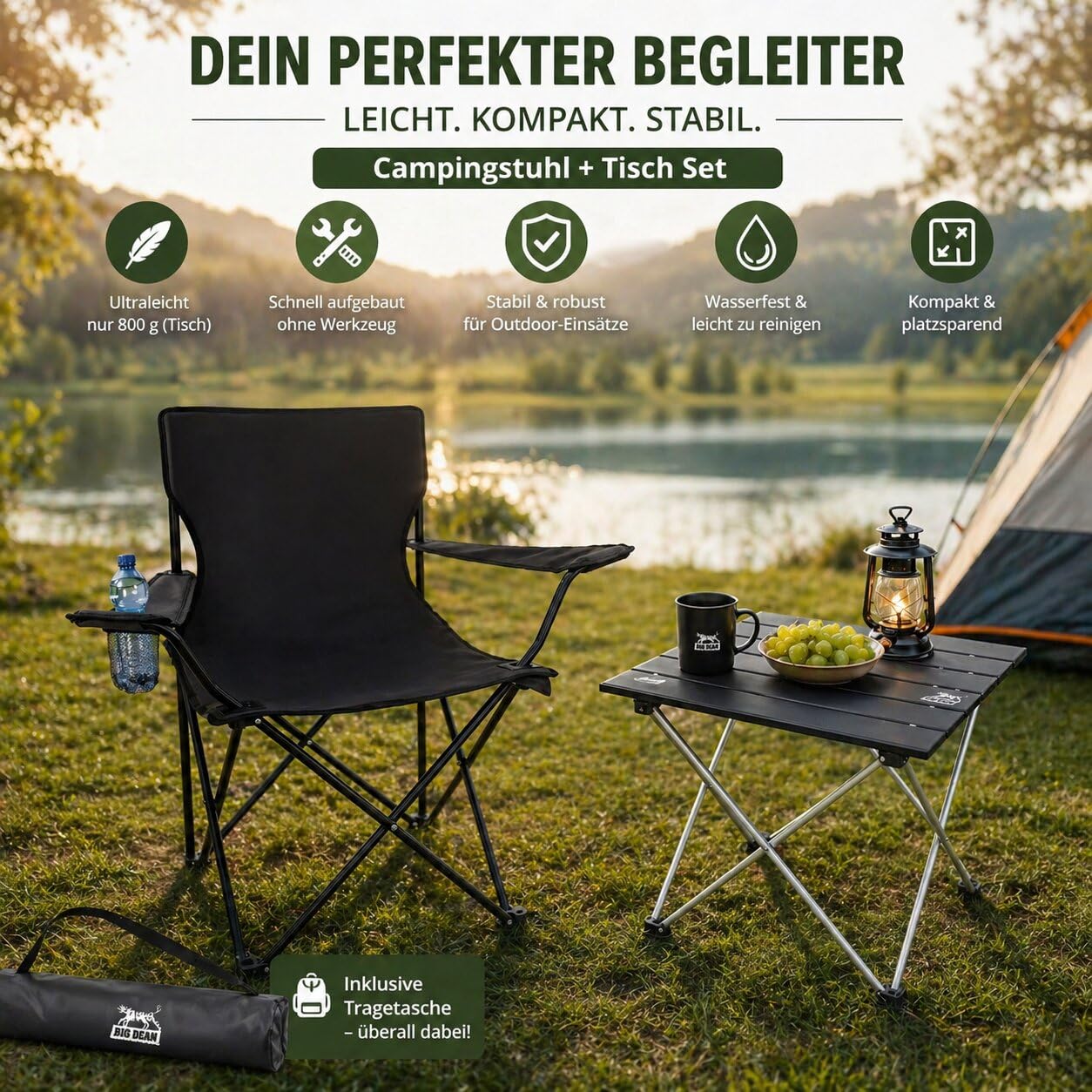BigDean Campingstuhl mit Tisch Set klappbar – Camping Tisch Stuhl Set Campingstuhl faltbar Angelstuhl Faltstuhl Anglerstuhl - Camping Set Campingstühle Campingtisch mit Stühlen Anglersessel