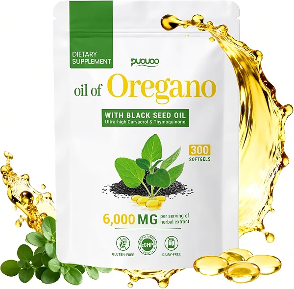 Puouoo 2 in 1 Oil of Oregano Capsules - Oregano Oil with Black Seed Oil, Herbal Extracted Supplement with Carvacrol | 300 Capsules - 150 Days Supply