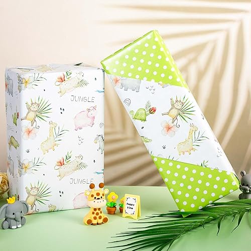 Miniatura 6 de Burymento Papel de regalo de animales, diseño reversible de lunares, envoltura de regalo para baby shower, cumpleaños, San Valentín, día de la