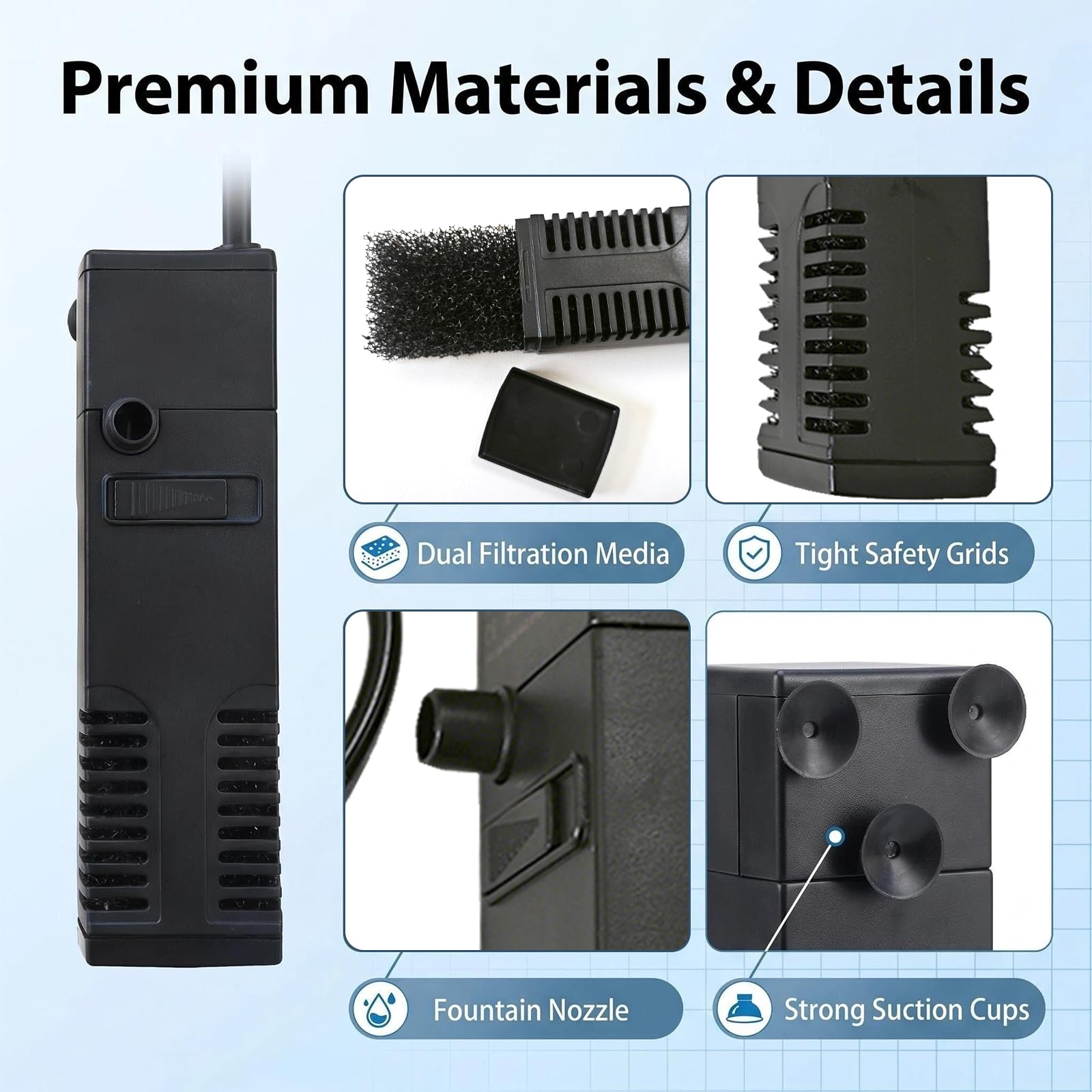Filtre Intérieur pour Aquarium 20L à 40L – 3 en 1 avec Pompe, Double Filtration, Silencieux et Facile à Installer, Eau Douce et Eau Salée