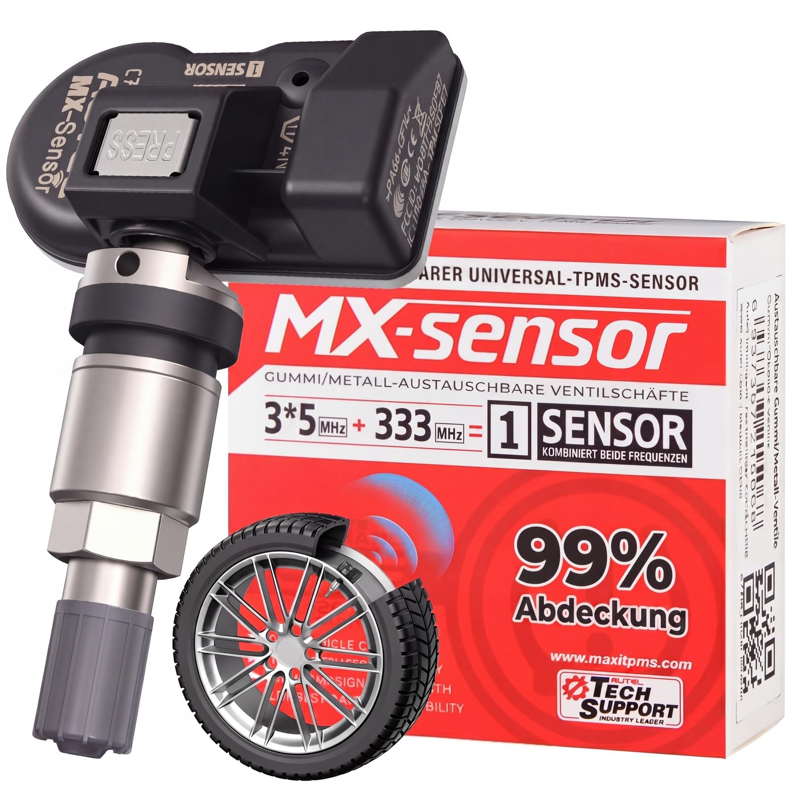 Autel RDKS 2 in1 MX-Sensor Dual-Frequenz, OE-Niveau TPMS-Sensoren für 99% Autos, 100% Programmierbarer Reifensensor, Funktioniert mit TS408S TS501Pro TS508WF TS601 TPMS Werkzeug(Gummiventil, 1 Stück)