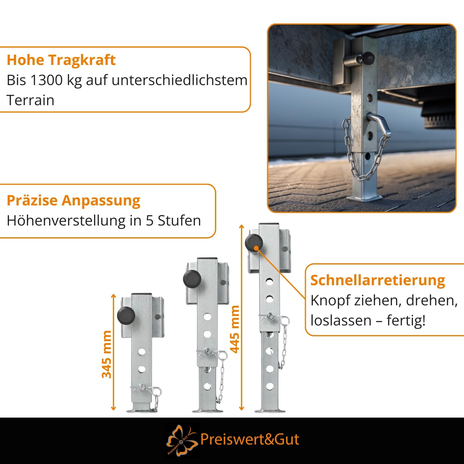 Preiswert&Gut 2X Anhängerstützen & Kurbelstütze Wohnmobil – Stütze 1300 kg, Stahlrohr 60x60 mm, kippbar – höhenverstellbar 345–445 mm Ausdrehstütze und Wohnwagenstützen Anhänger
