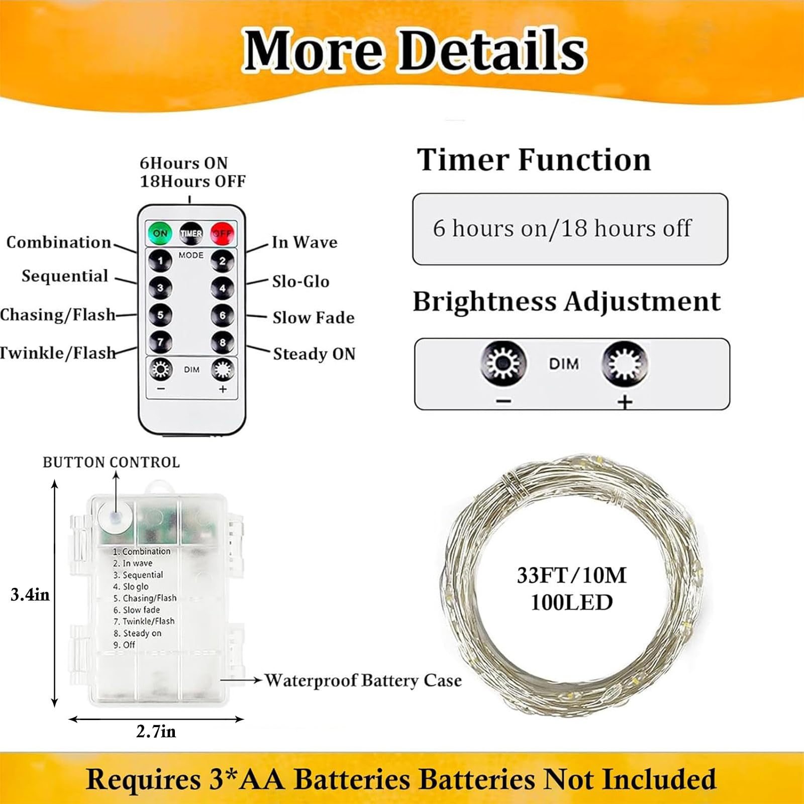 Paquete de 2 luces de hadas que funcionan con pilas con control remoto, impermeables de 33 pies, 100 luces LED para exteriores e interiores, 8 modos de luces parpadeantes con temporizador para