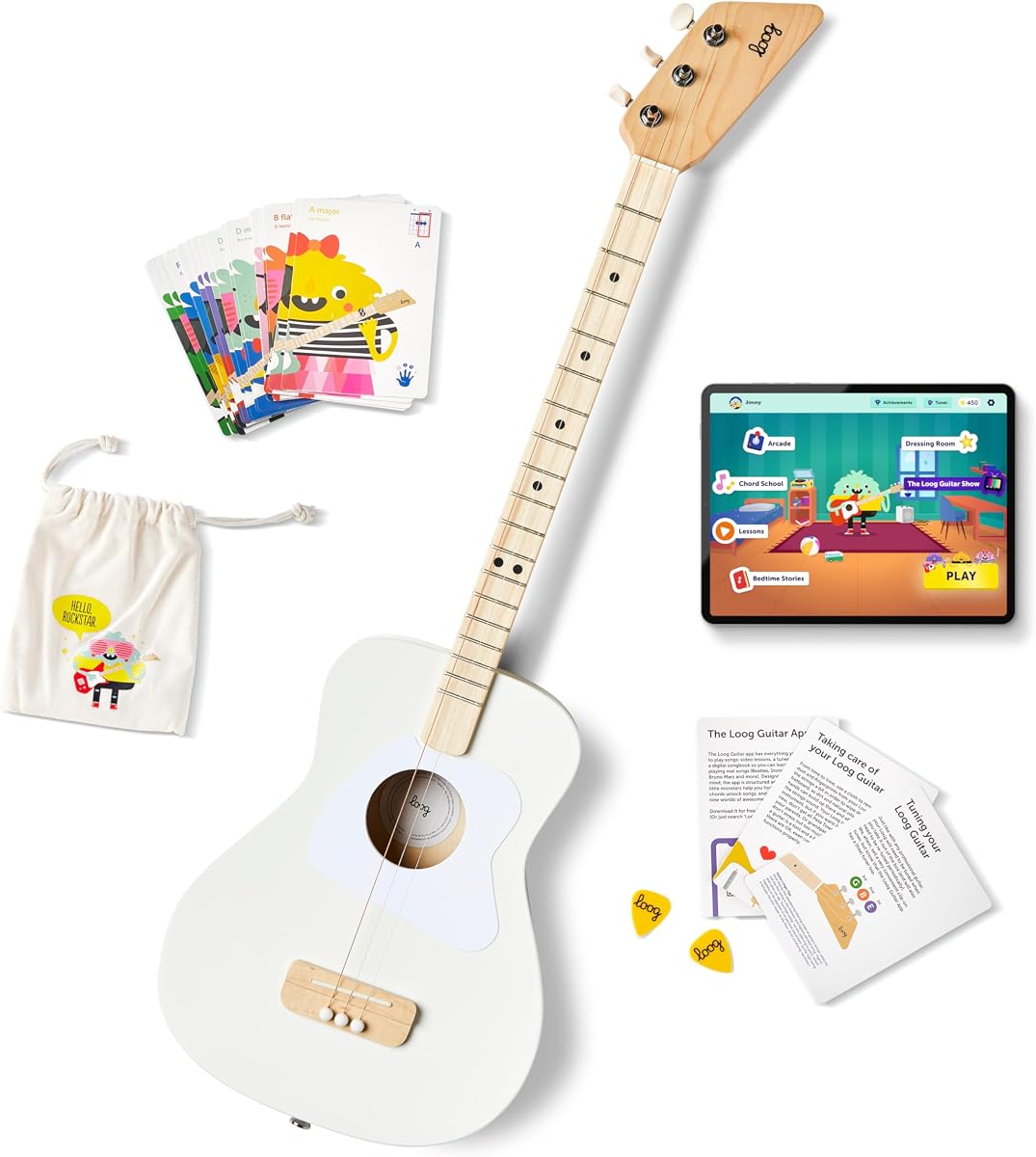 Pro Acoustic kids Guitar 3-strings Ages 6+ Learning App and Lessons Included White