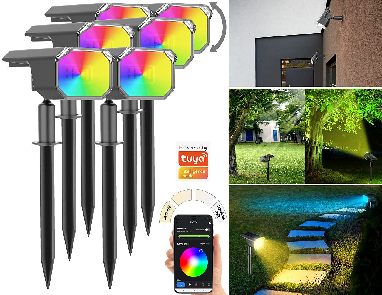 Luminea Home Control Erdspieß Strahler Solar: 6er-Set smarte Solar-Spots, RGB-CCT-LED, 100 lm, 2.200 mAh, 1 W, IP65 (Solarstrahler mit App, LED Solarspot, iPad)