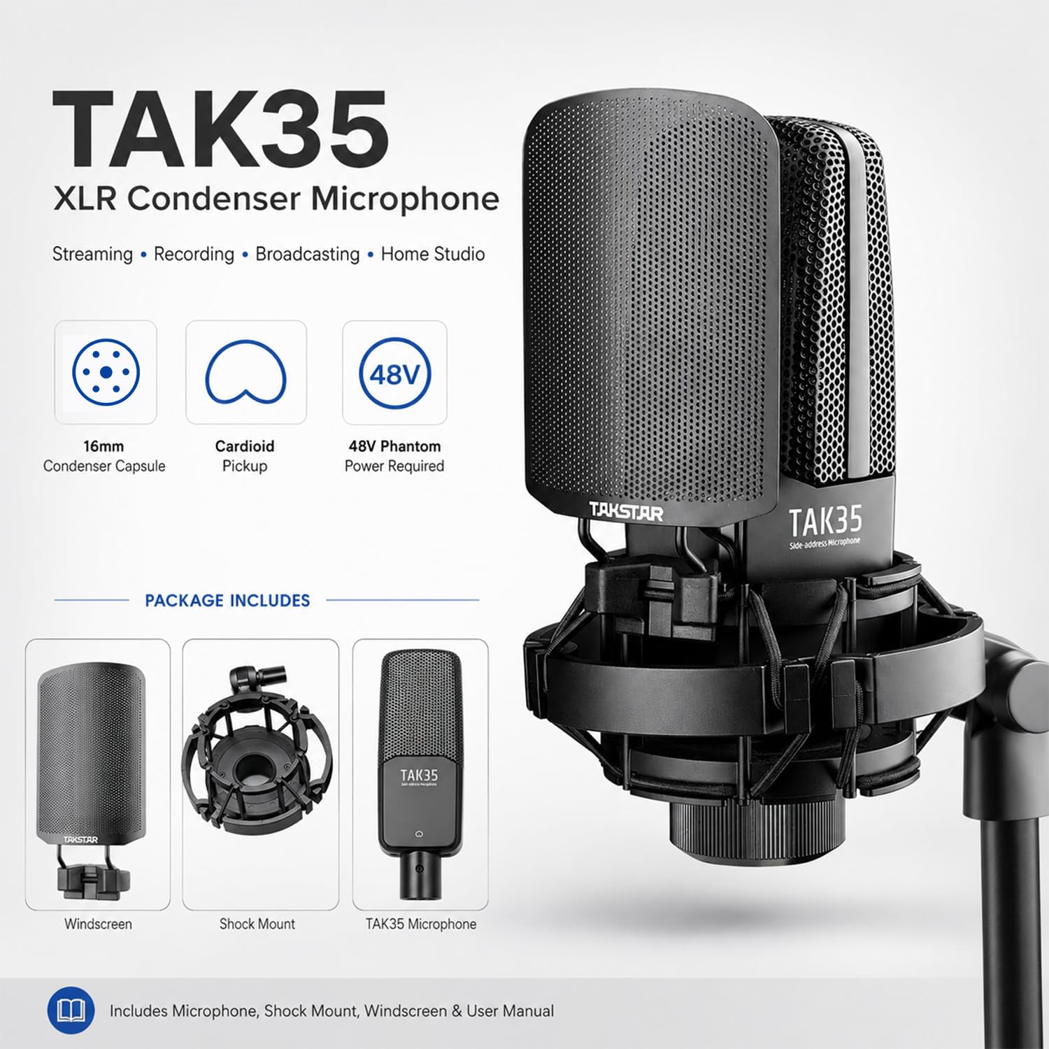 Takstar Micrófono de condensador XLR, micrófono profesional de grabación de estudio con soporte de choque para transmisiones, podcasting, video, transmisión, YouTube, grabación de instrumentos vocales