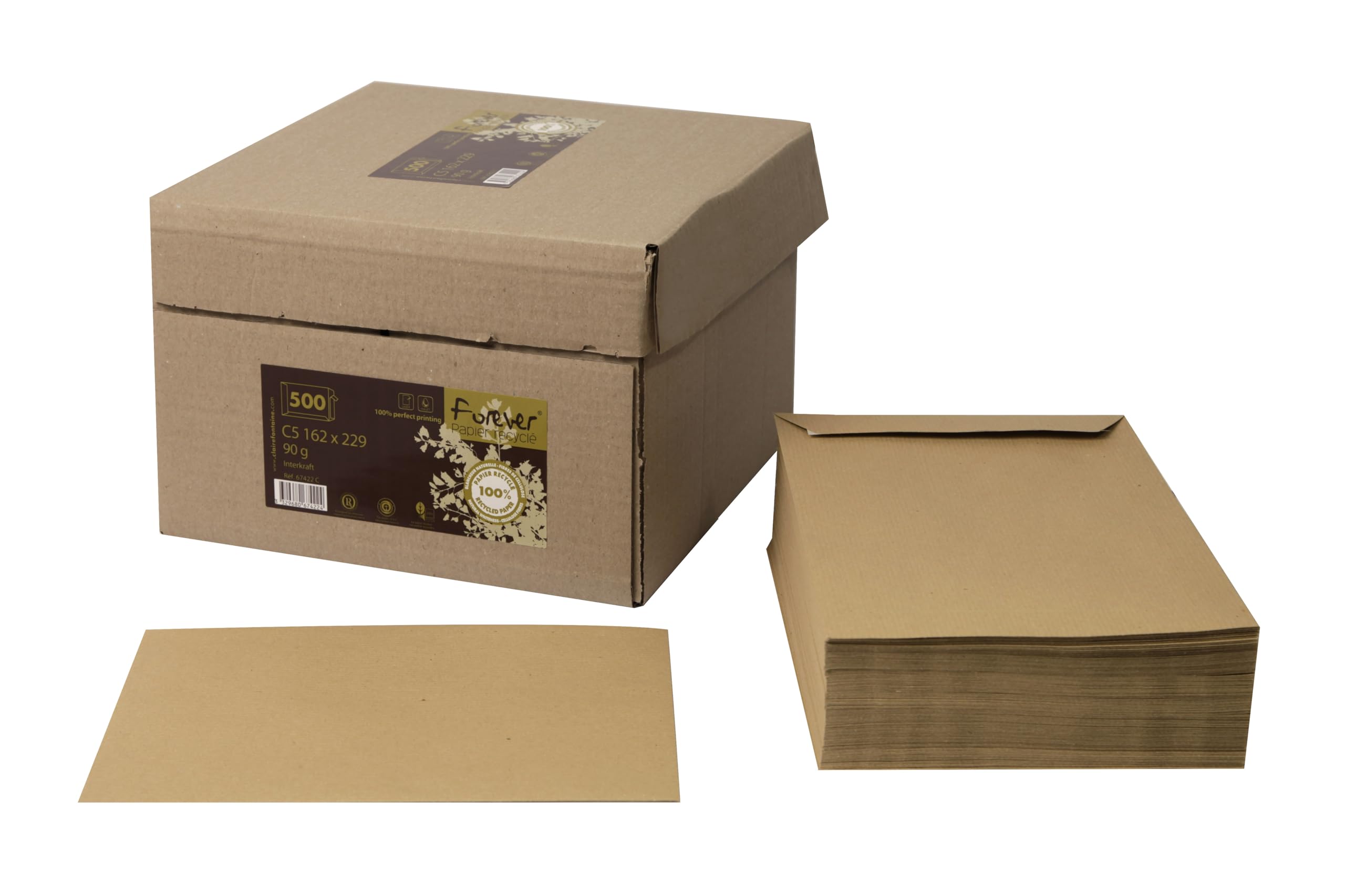Clairefontaine 67422C - Karton mit 500 Versandtaschen Forever Kraftbraun 100% Recycling Papier C5-162x229 mm, selbstklebend, 90g, 1 Karton