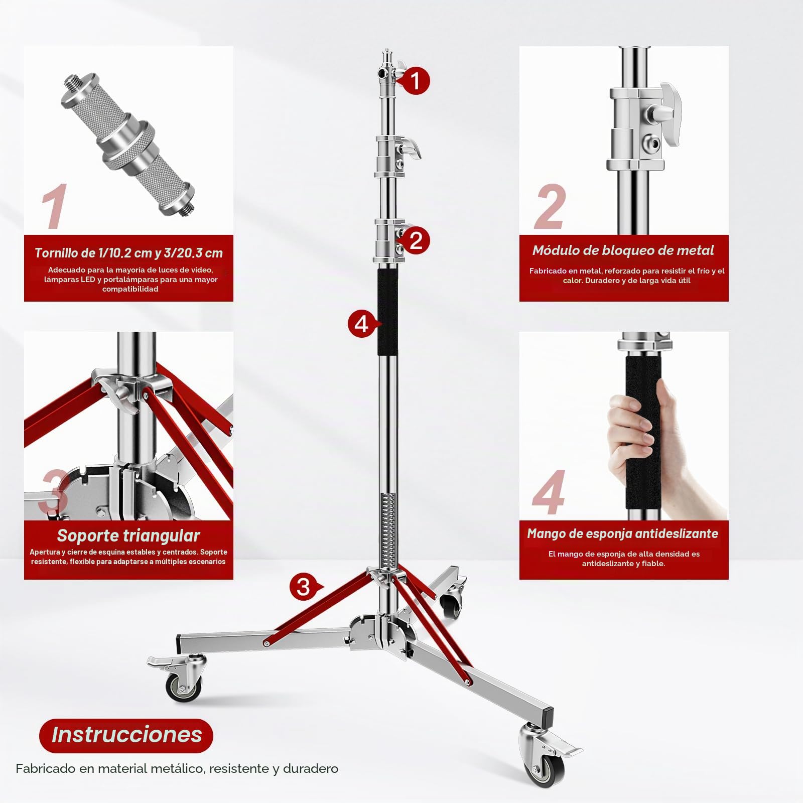 Soonpho WS-300 Pro Light Stand 100% Acero Inoxidable Soporte de Luz C Stand con Ruedas y Boom,Metal Heavy C-Stand Heavy Duty MAX. Altura 300 cm (9.84 pies) para Reflectores,Monolights