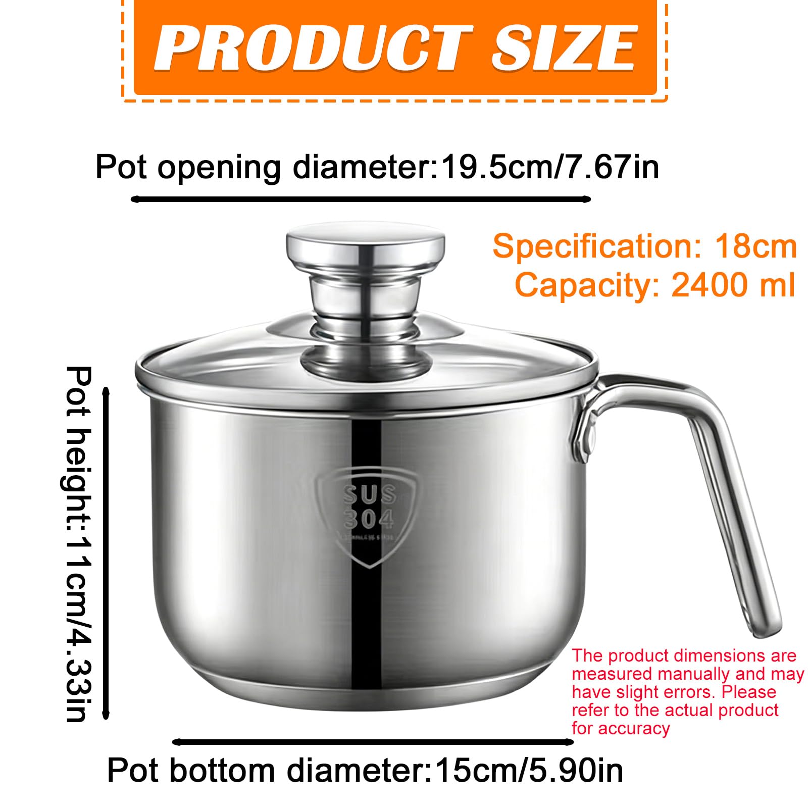Pentola per latte a induzione in acciaio inox: mini pentola per latte da 2,4 l, 18 cm, preparazione per latte e porridge (acciaio 304/profondità 11 cm)