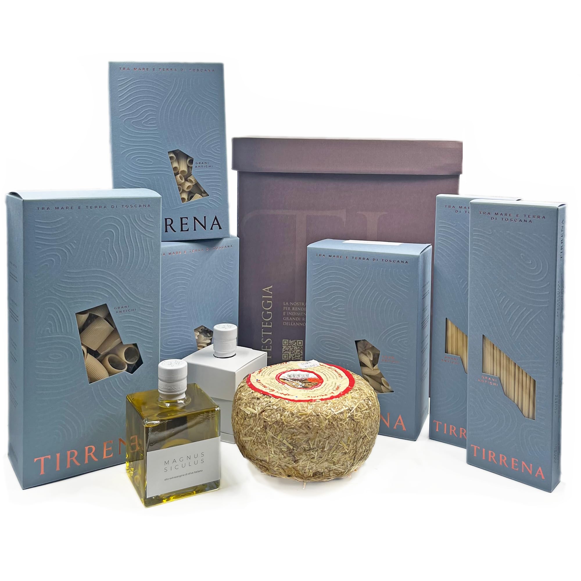 Tuquam Pudełko wyjątkowe, prostota, doskonałość – makaron TIRRENA (6 opakowań), toskańskie Pecorino Paglerino (1 cały bochenek), sycylijska oliwa z oliwek z pierwszego tłoczenia Extra Magnus Siculus