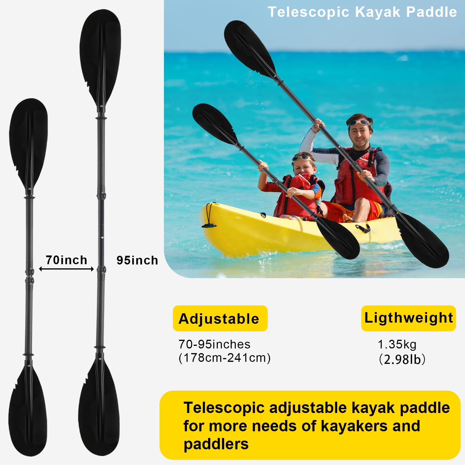 230 cm Doppelkopf-Paddel, 170 cm – 250 cm in robustem Aluminiumschaft und gerippten Polyethylen-Klingen für Kajaks