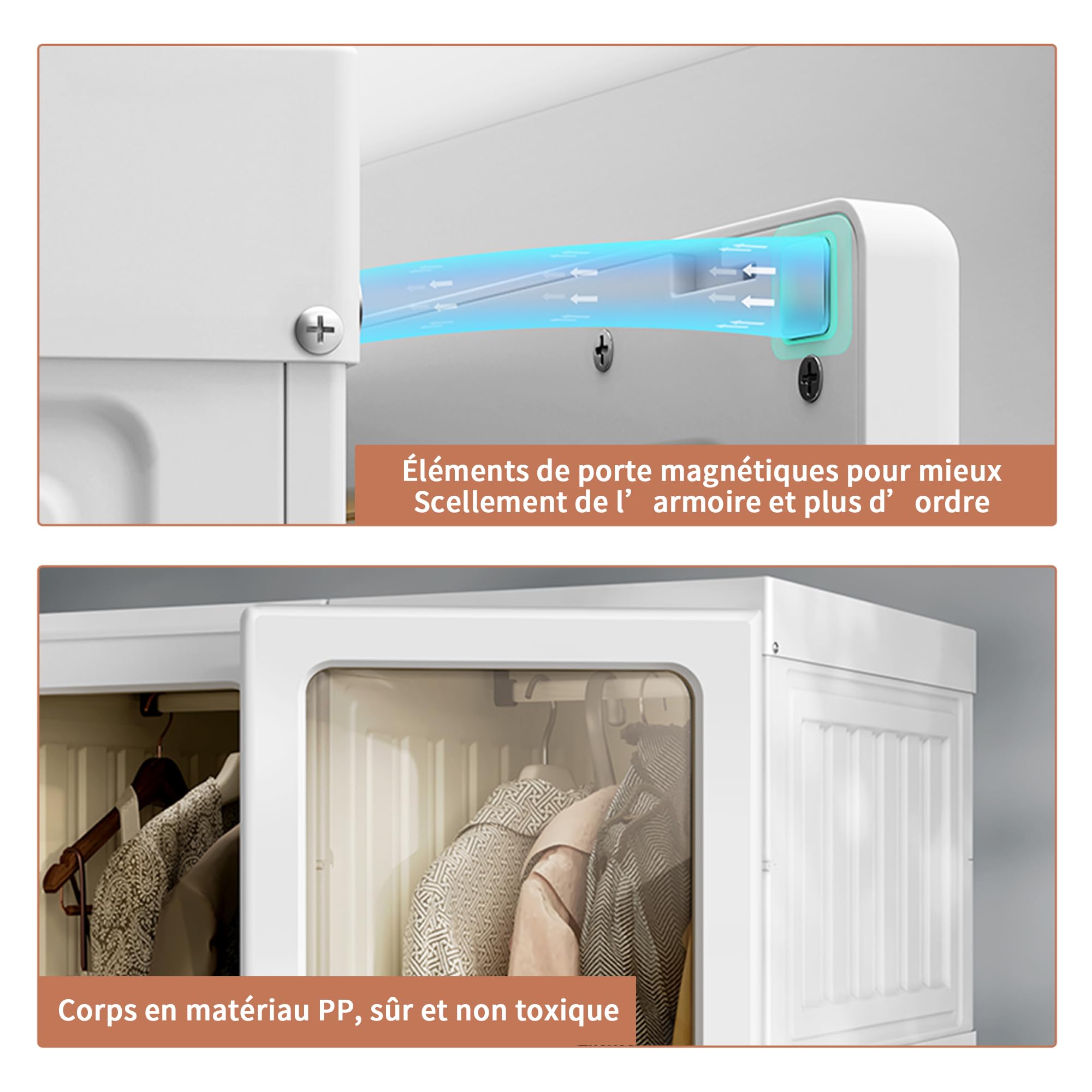 Armoire de Rangement Blanche Pliable - Armoire Penderie Portable 170x50x69cm avec Portes Magnétiques et Tringle,pour Chambre Organisateur de Vêtements