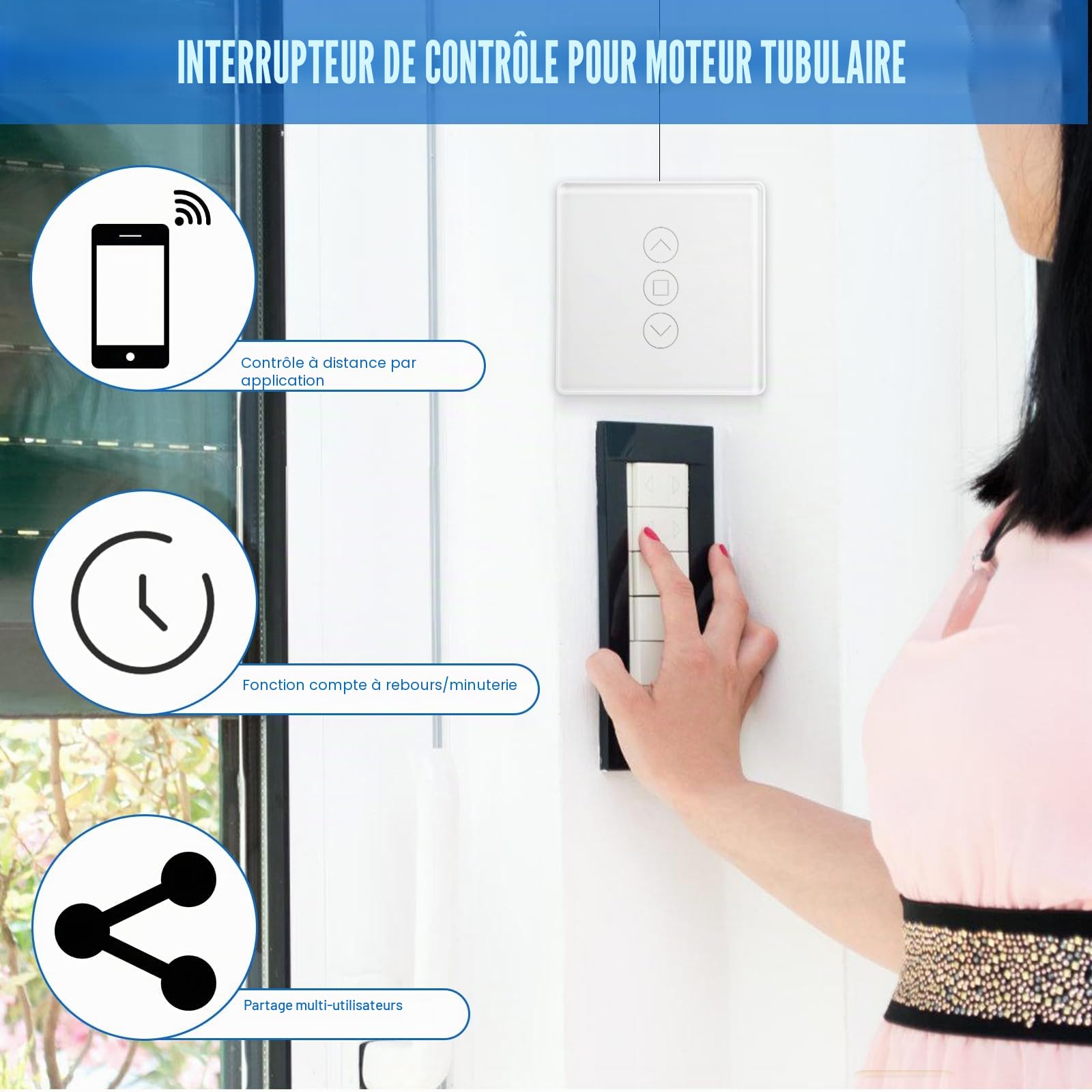 Lot de 4 interrupteurs de volets roulants WiFi, interrupteur de volet roulant intelligent, interrupteur de volet roulant 2,5D, Wi-Fi intelligent, compatible avec Alexa/Yandex/Google Home, minuterie et