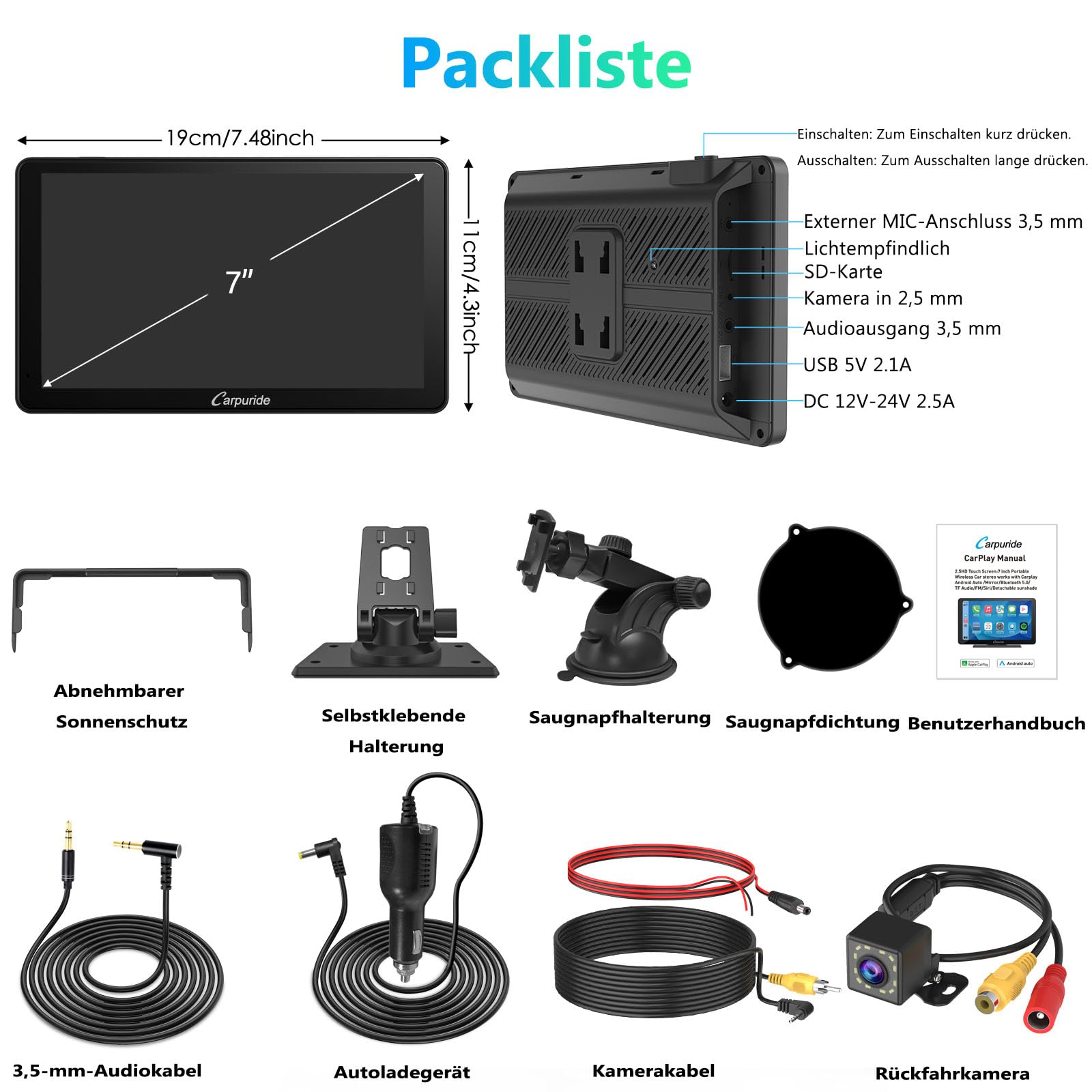 Tragbarer Carplay Bildschirm, Carpuride V3R Kabelloses Airplay&Android Auto, 7 Zoll 1080P HD-Touchscreen mit echter 720P-Rückfahrkamera/BT 5.0/Mirror Link/USB-Wiedergabe/Rauschunterdrückungs-Chip AUX