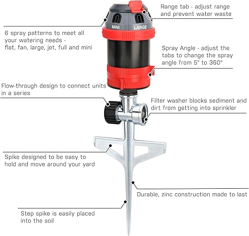 Miniatura 2 de Eden 94144 - Aspersor giratorio de 6 patrones con engranaje de púas escalonadas, resistente, sistema de riego de jardinería, jardín y césped, patrón