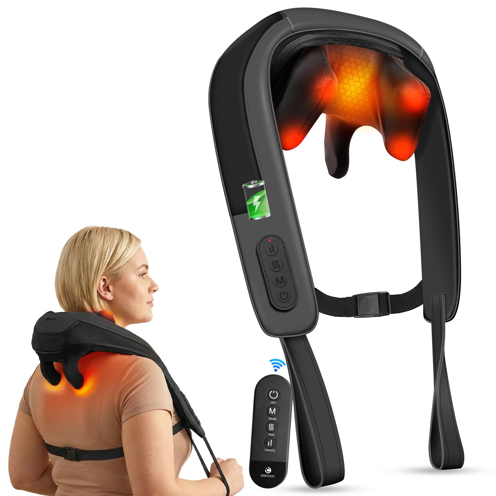 CooCoCo Cordless Neck Massager with Heat Remote FSA Eligible Shiatsu Back Massager for Pain Relief Deep Tissue Upgraded