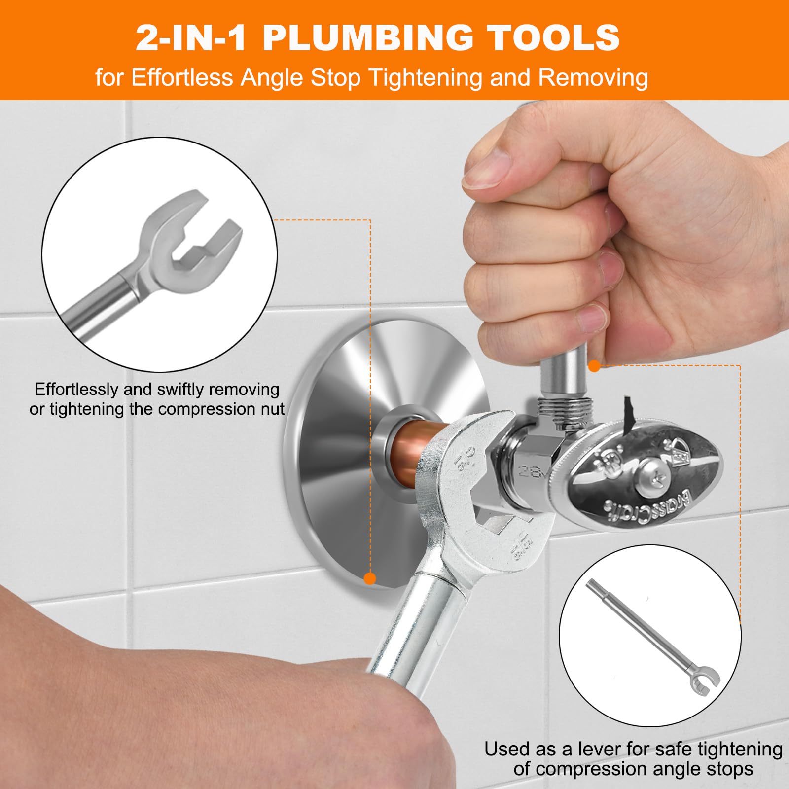 Miucoguier Plumber wrench, 2-in-1 Angle Stop Wrench for Angle Stops, Straight Stops, and Compression Couplings?Plumbing Tools for Faucet Nuts, and Spigots