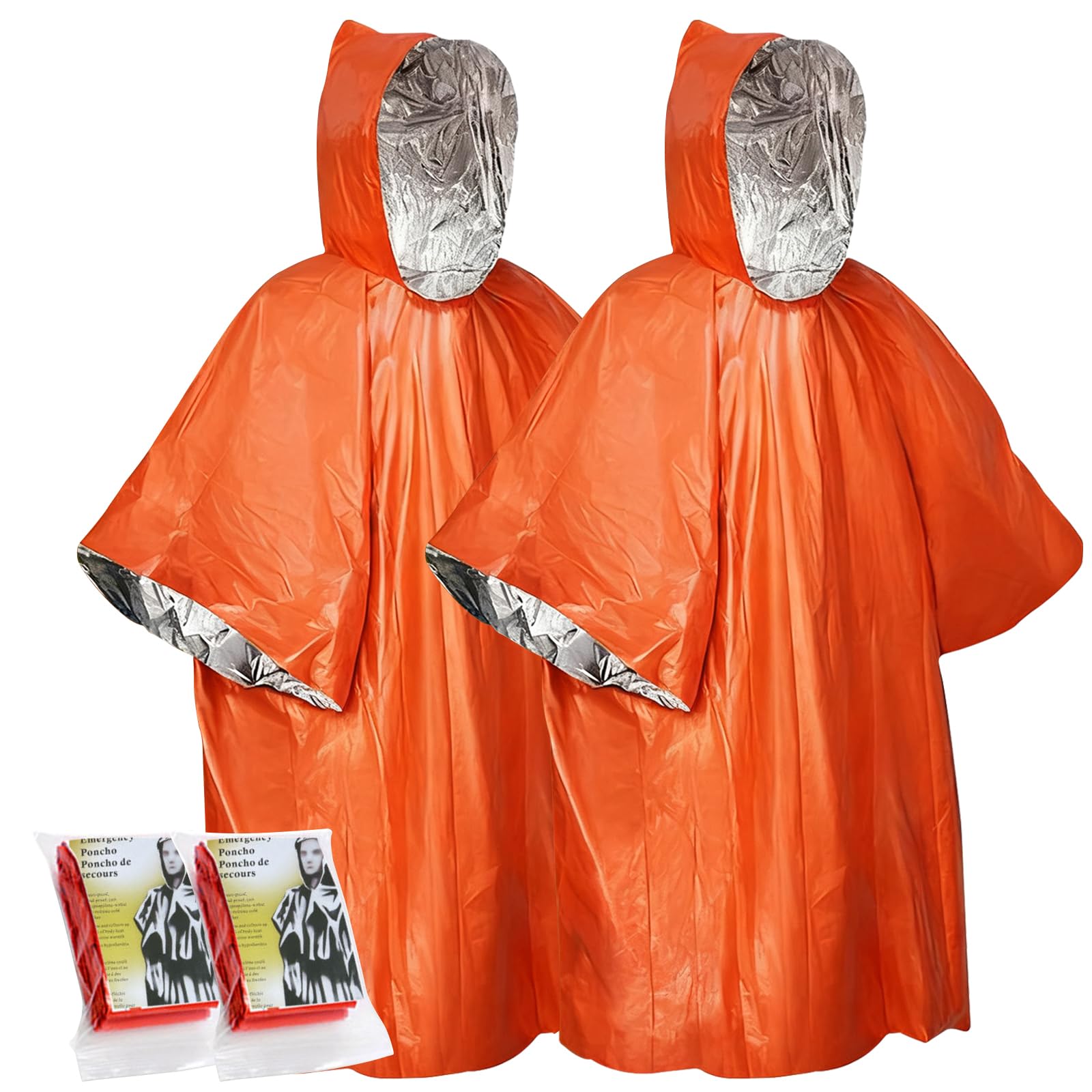 Wihozte Orange，Silver Emergency Survival Poncho Foil Blanket Insulation Poncho For Outdoor Survival Family Car Events, 100×130Cm Mylar Foil, Windproof Waterproof Insulated, Orange Silver, 2Pcs
