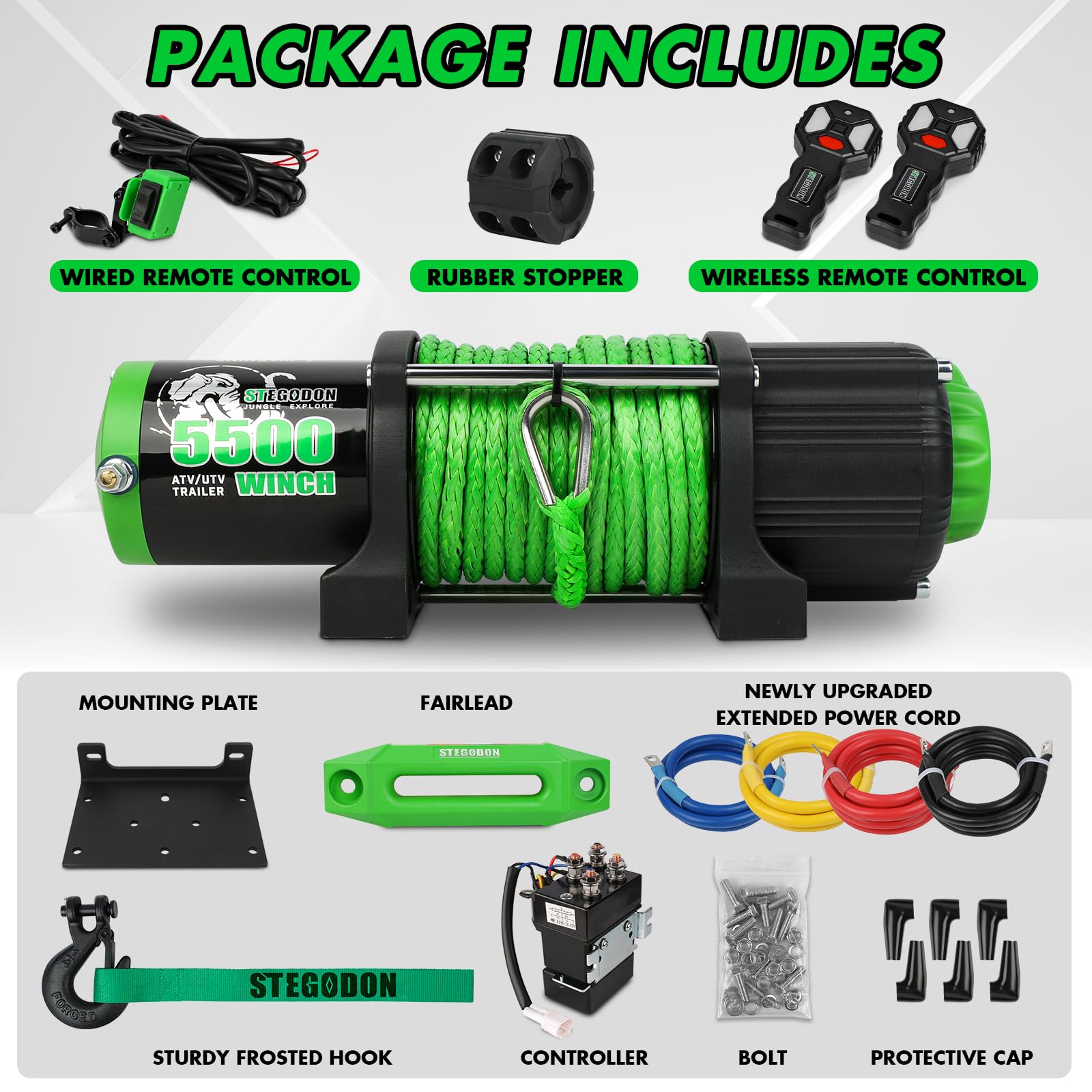 Wciągarka 5500 12 V, elektryczna wciągarka ATV/UTV z liną syntetyczną, 2 szt., bezprzewodowy pilot zdalnego sterowania i ogranicznik do holowania jeepa, terenowego SUV-a, ciężarówki