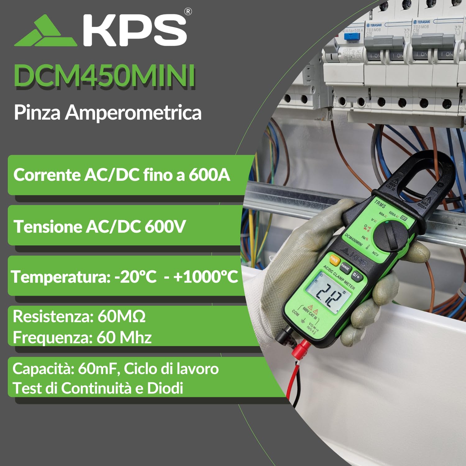 KPS -DCM450MINI Pinza amperometrica TRMS 600A AC/DC e 600V con temperatura, NCV, resistenza, capacità, frequenza, display retroilluminato e torcia CAT III 600V