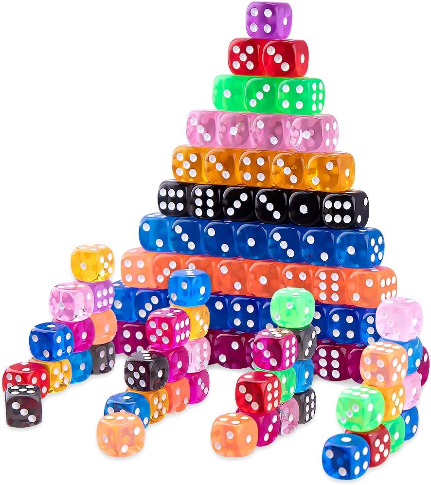 AUSTOR 100 Pieces 12mm Dice 6 Sided Game Dice Translucent Color Tiny Dice Round Corner Dices for Tenzi, Farkle, Yahtzee, Bunco or Teaching Math with a Drawstring Storage Bag