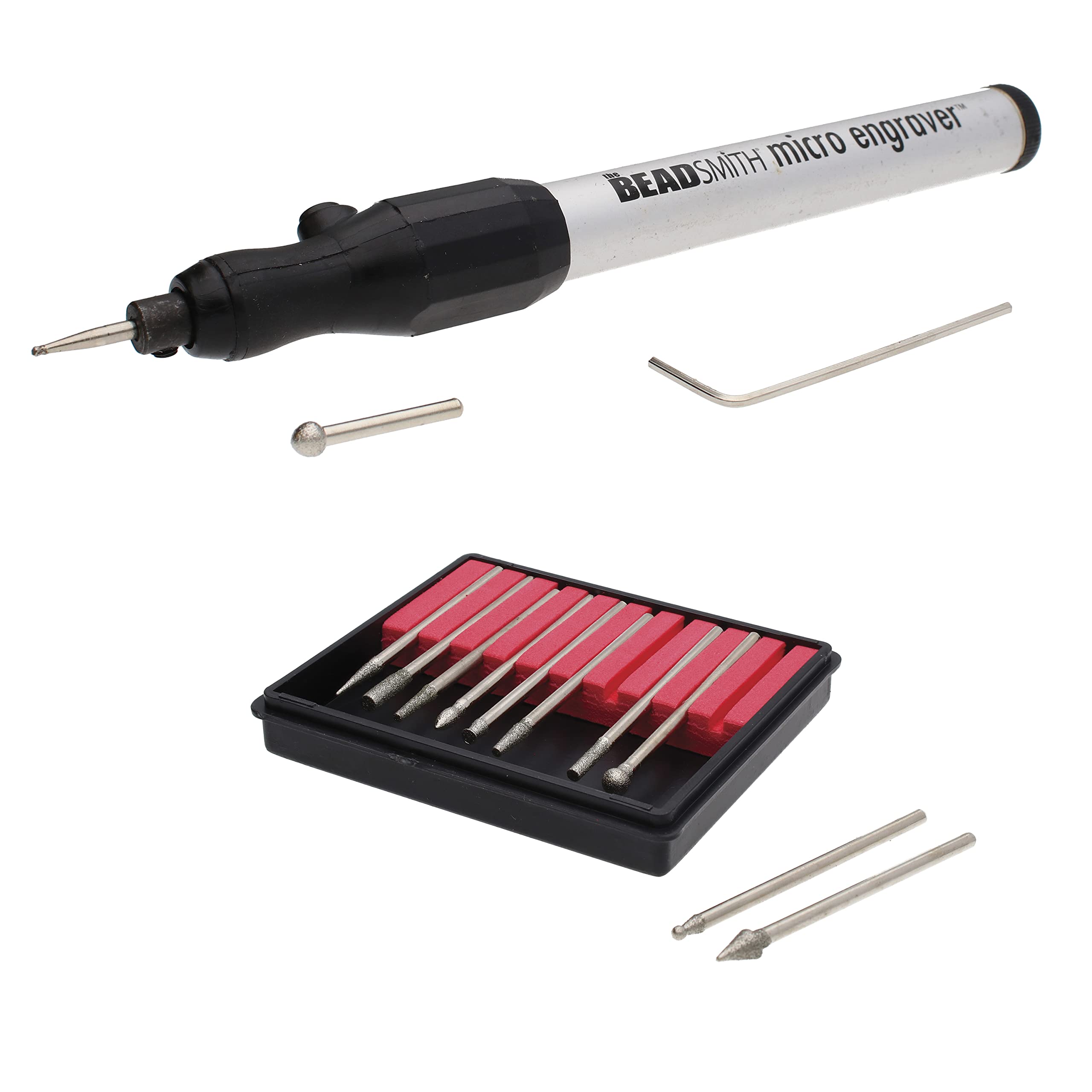The Beadsmith Engraver Set – Battery Operated Micro Engraver & 2 Round Diamond-Tip Bits – 10-Piece Diamond Tip Bits – Ideal for Engraving, Polishing & Sanding on Metal, Glass, Wood, Ceramics & More