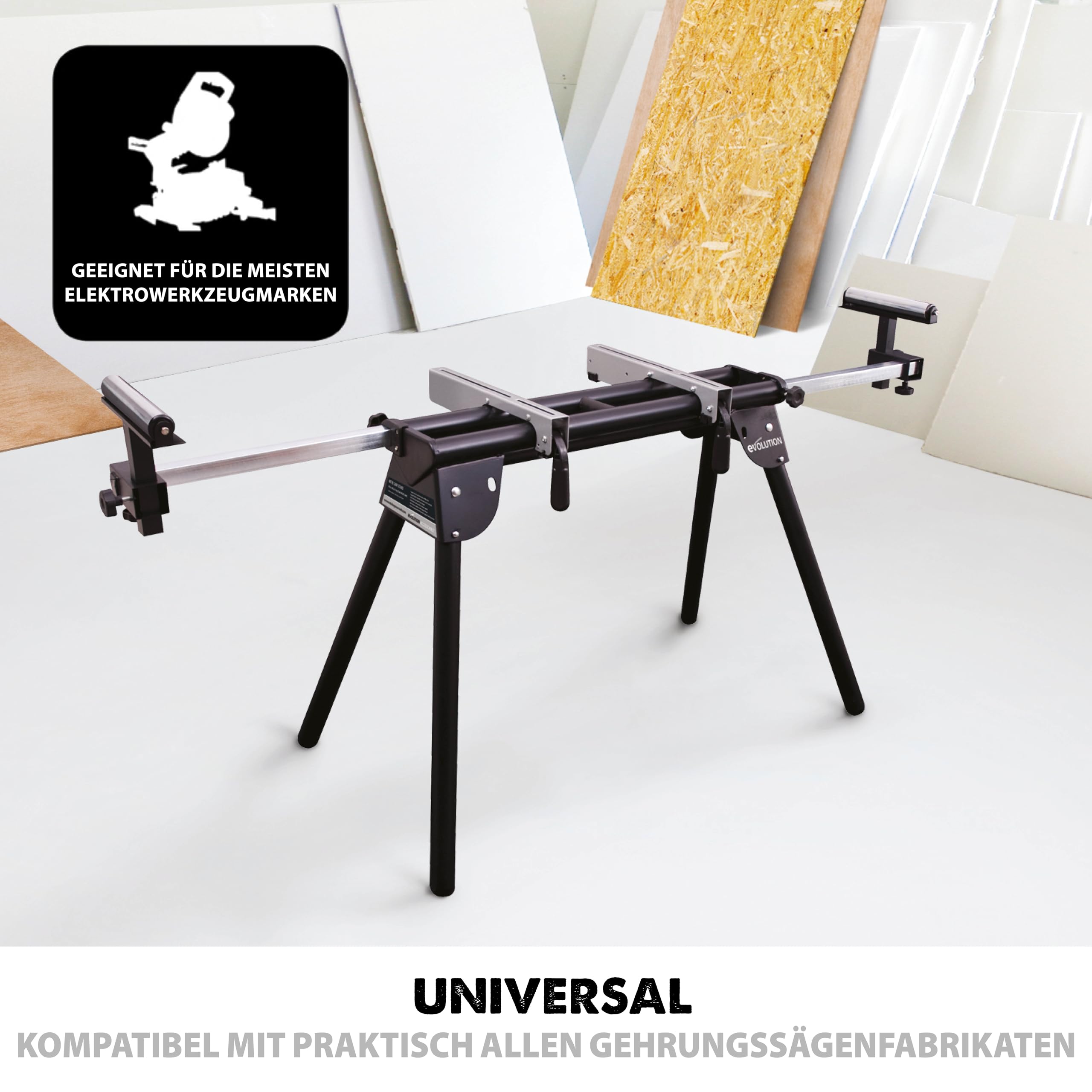 Evolution Arbeitstisch Untergestell für Gehrungssägen Elektrowerkzeuge - Universell passend für Evolution, Einhell, Metabo, Makita, DeWalt, Bosch - Kompakter klappbarer Ständer mit ausziehbaren Armen