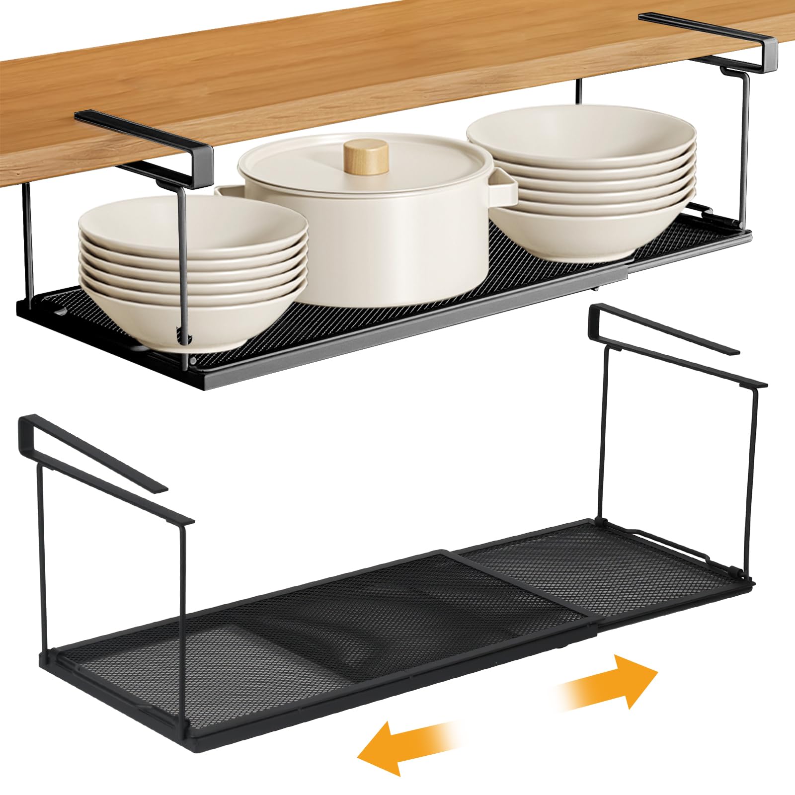 Cestello Portaoggetti Sotto Il Ripiano, Cesto Portaoggetti Estensibile Sotto Mensola, Organizer Dispensa Multifunzionale Cesto sotto Ripiano per Cucina, Ufficio, Dispensa, Bagno, Armadio(Nero)