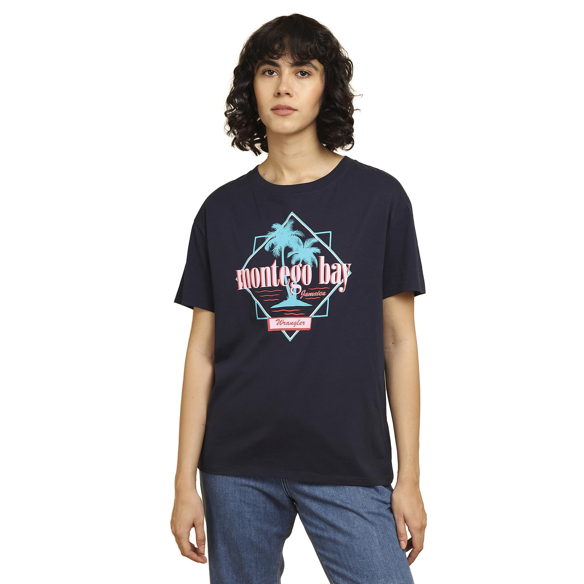 Wrangler Women's Printed Blue Crew Neck Loose Fit T-Shirt in blue