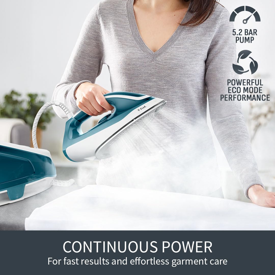 Tefal, Express Essential, ferro da stiro a vapore, uscita vapore 120 g/min, piastra Xpress Glide, flusso di vapore da 280 g/min, barre a 5,2 pompe, con sistema di risciacquo, bianco e blu, (SV6115)