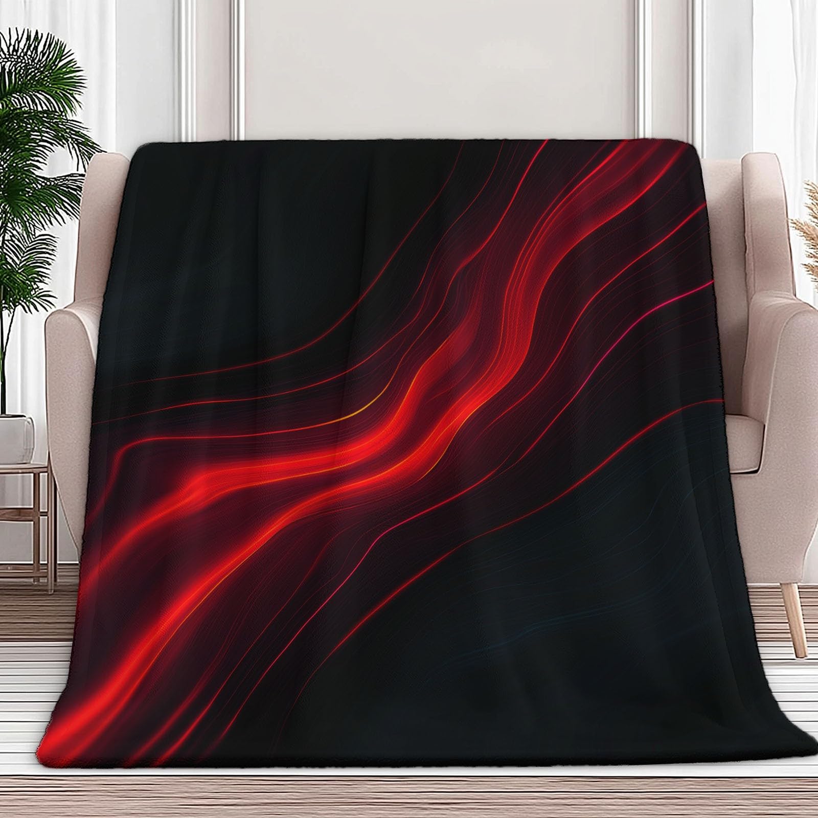 Kuscheldecke Flauschig Decke 220x240 cm, Abstrakte Rote Linien Flanell Fleecedecke Sofadecke Tagesdecke Schwarz Weich Wohndecke für Bett Sofa Schlafzimmer Büro
