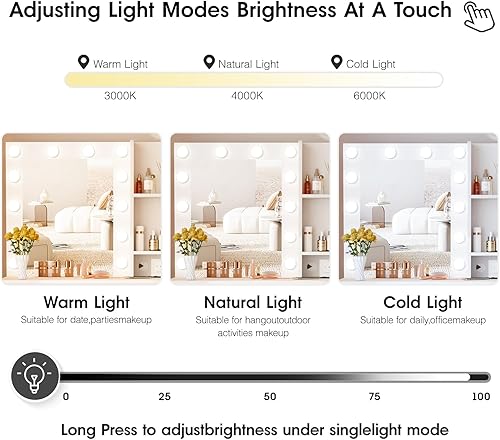 Miniatura 7 de Fameill Tocador de maquillaje con luces, mesa de maquillaje de 4 cajones con espejo iluminado, escritorio de tocador de 37 pulgadas con tira de