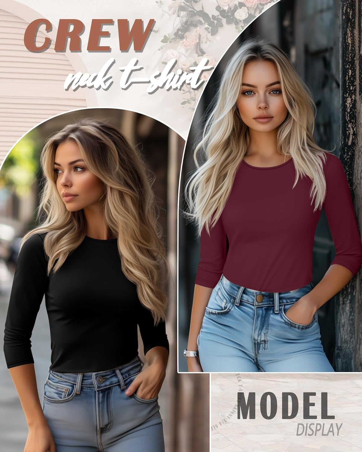 Huukeay 5 Pack Women's Elbow Sleeve Tops 3/4 Sleeve Round Neck T-Shirt Slim Fit Casual Stretchy Tunic Basic Tees Bulk - Image 2