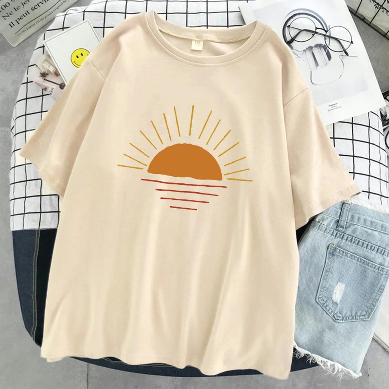 T-Shirt Shoreline T - Shirt Imprimé Femmes Street Cotton Kawaii Manches Courtes Oversize Top Loose Sport T - Shirt-Bleu Foncé-Le XXL
