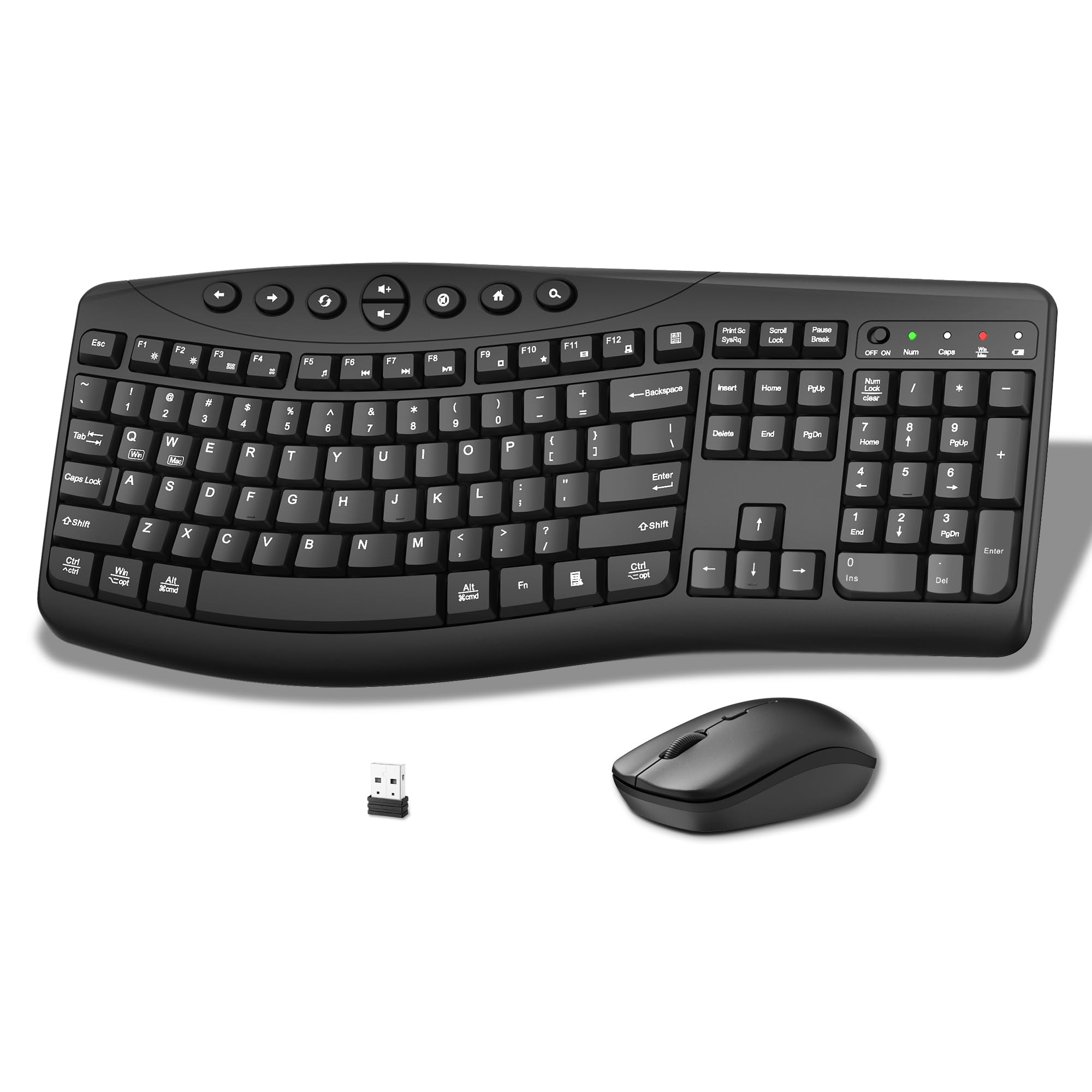 wireless keyboard and mouse combo, 2.4g full size quiet ergonomic curved keyboard for natural typing, 3-level dpi adjustable silent mouse for windows, mac os, desktop/laptop/office and home (black)