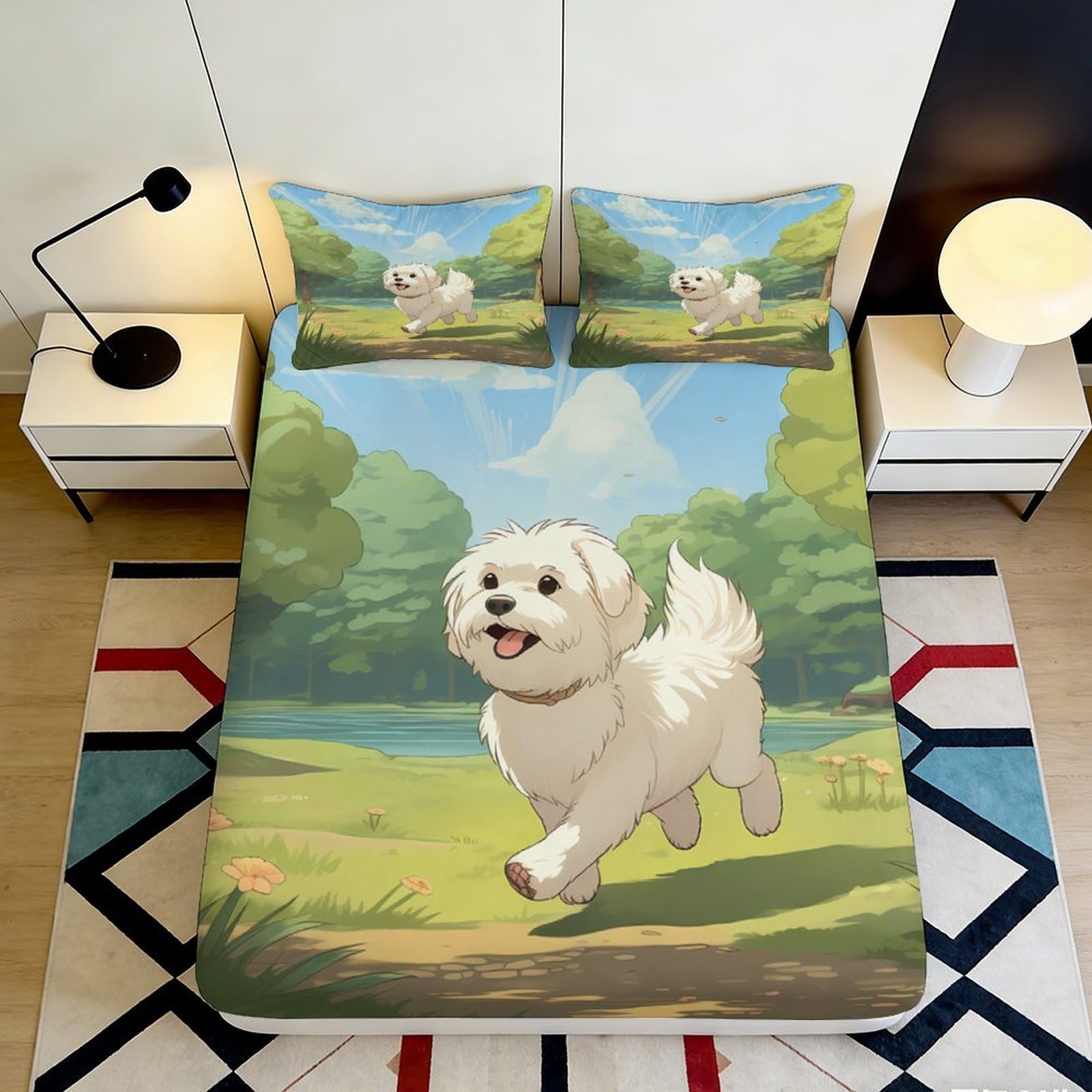 Uynsixtme Style-1 3D Printed Dog Cartoon Fitted Sheet Microfiber Deep Pocket Non-Slip Bedroom Bedding Dog Pattern Mattress Fitted Cover Washable For Adults Teens 200X200x25cm