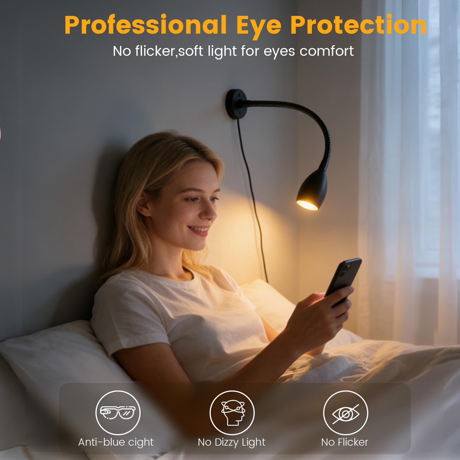 Leselampe 12V LED Dimmbar Bett Lampe, Flexible Wandmontage Schwanenhals Nachttisch DC 12-24V 3000/4000/6000K mit Dimmerschalter & USB-Ladegerät, 1PCS Boot Wohnwagen Van Yacht Bett Lampe