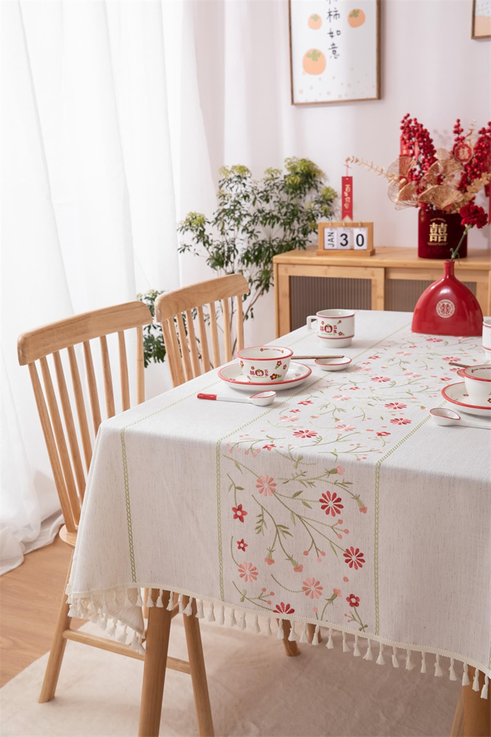 Tovaglia Decorativa Quadrata, Tovaglie 140 x 140 cm Motivo fiori centrali in Poliestere Tovaglia per Casa e Cucina, Tovaglia Elegante per PicnicBeigeStile 3