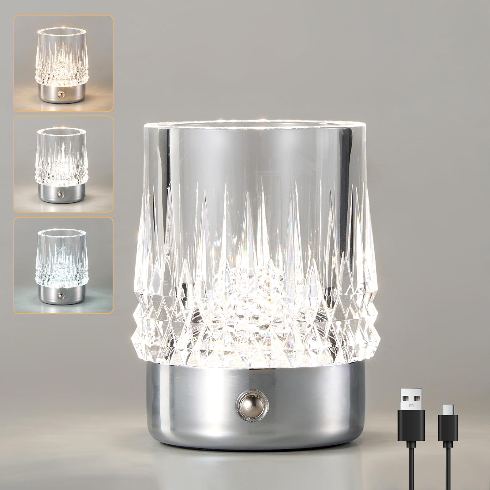 HARPER LIVING Rechargeable Table Lamp, Small Battery Operated Desk Lamp, 3 Colors & Dimmable LED Touch Lamps, USB Table Light for Bedside Living Room Kids Room, Cylindrical Shade, Chrome Finish — image 1
