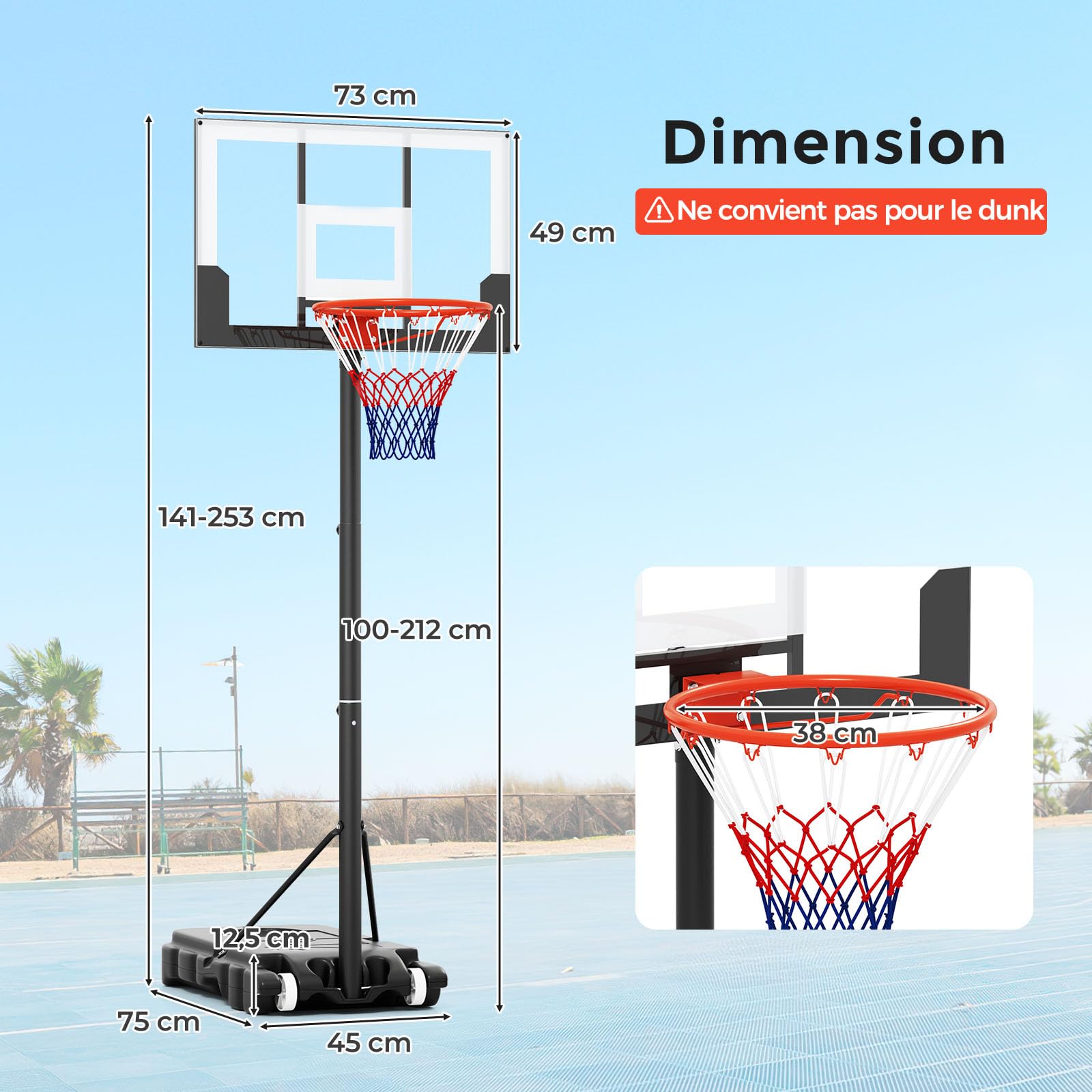 COSTWAY Panier de Basket-Ball Hauteur Réglable, Support de Basketball Mobile Extérieur avec Panneau Arrière Incassable Base Remplissable et Roues, pour Enfants