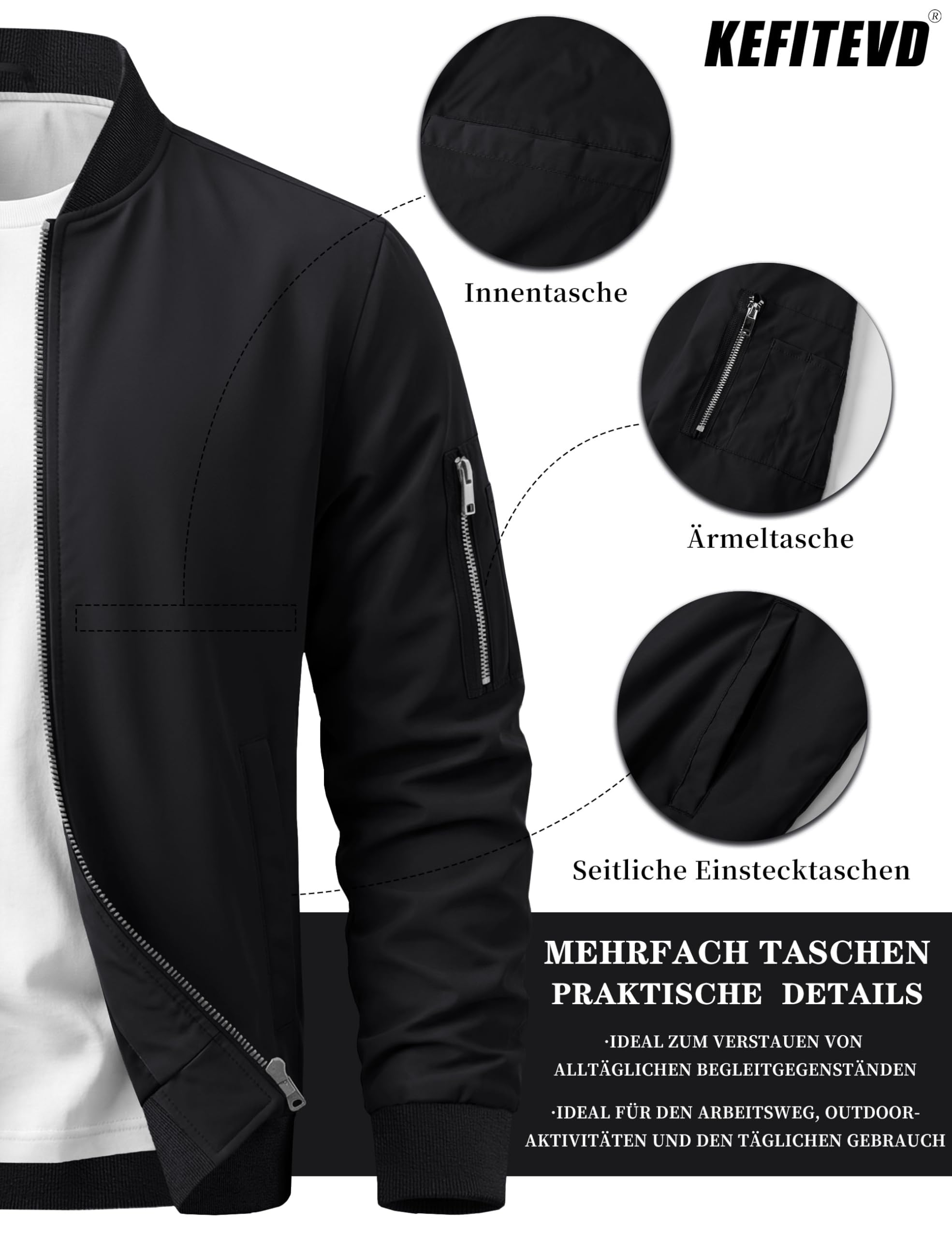 KEFITEVD Herren Leichte Dünne Bomberjacke mit Ärmeltasche Blouson Jacke Übergangsjacke Stehkragen US Fliegerjacke mit Innentasche
