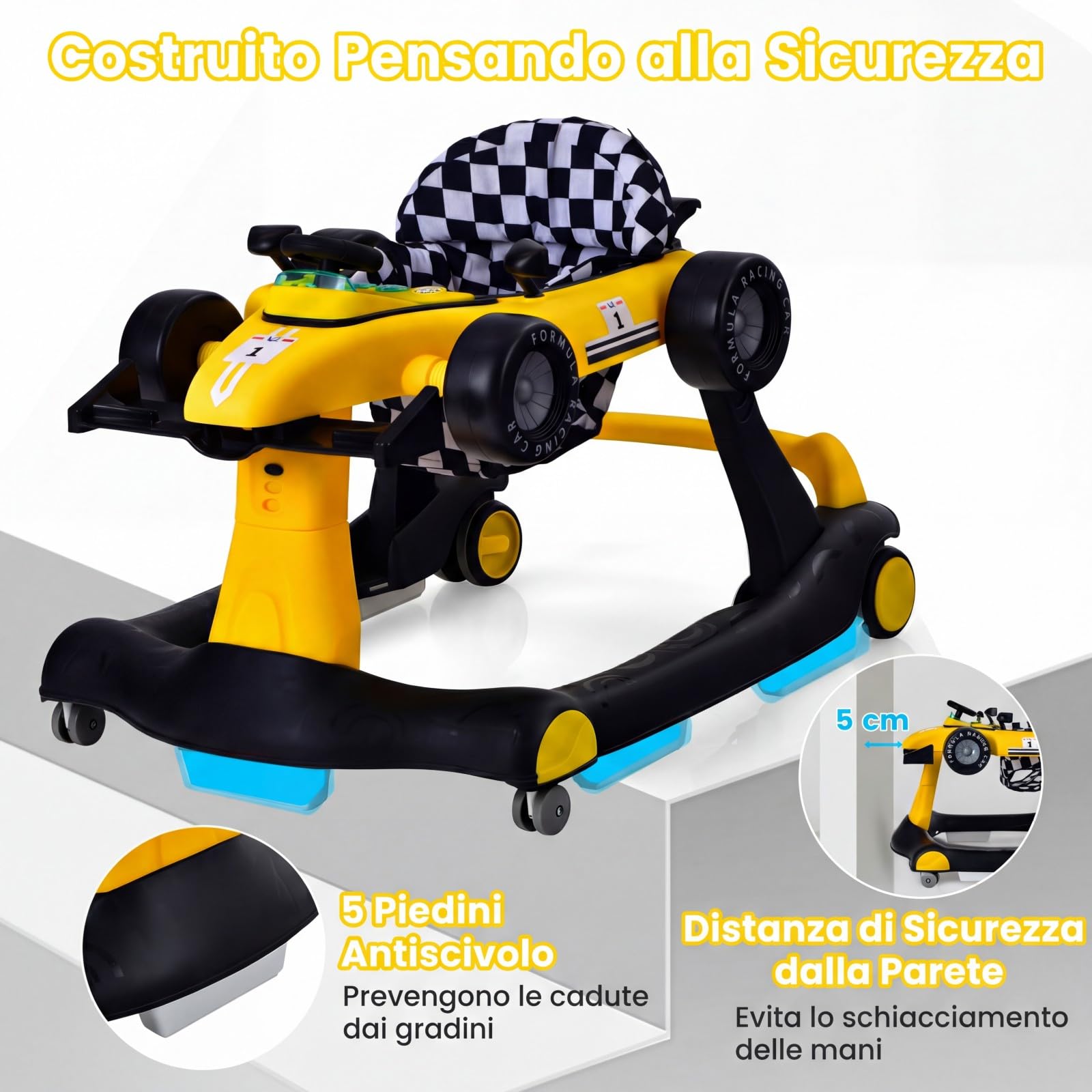 RELAX4LIFE Girello per Bambini 6-18 Mesi, Baby Walker 4 in 1 Trasformabile, Carrello Primi Passi e Macchinina a Spinta con Luci e Suoni, Altezza Regolabile, Pieghevole (GIALLO)