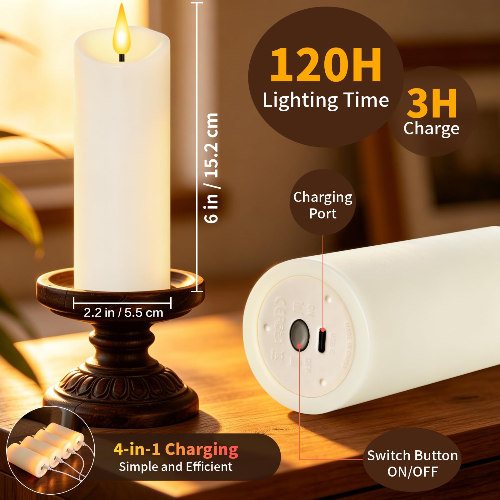 Wiederaufladbare flammenlose Kerzen mit Fernbedienung und Timer, 3er-Pack (D 3'‚ × H 4‘'5'‚6‘') – flackernde LED-Stumpenkerzen mit USB-C-Anschluss, mit echtem Wachs überzogen