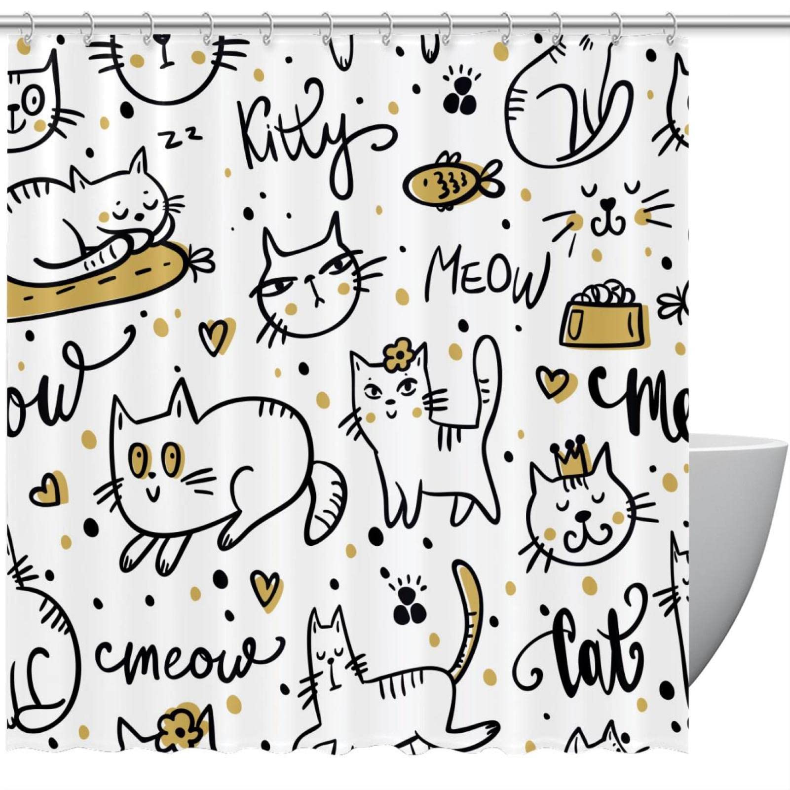 Rideau de douche imperméable chat anti-moisissure avec crochets