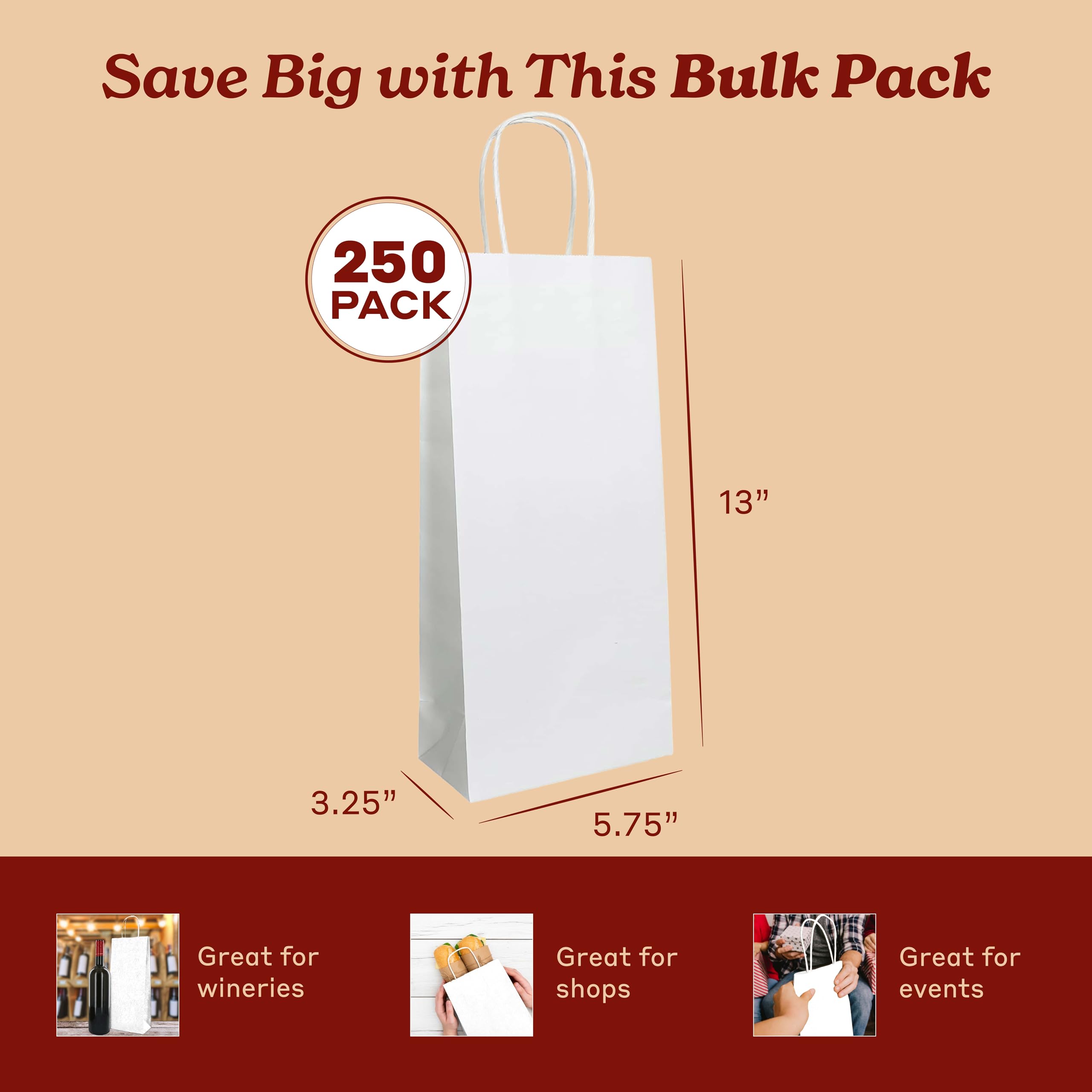 PTP - 10" X 5" X 13" Natural Kraft Paper Gift Tote Bags - 250 Count| Perfect For Birthdays, Weddings, Holidays And All Occassions | White Or Natural Colors | Multiple Sizes