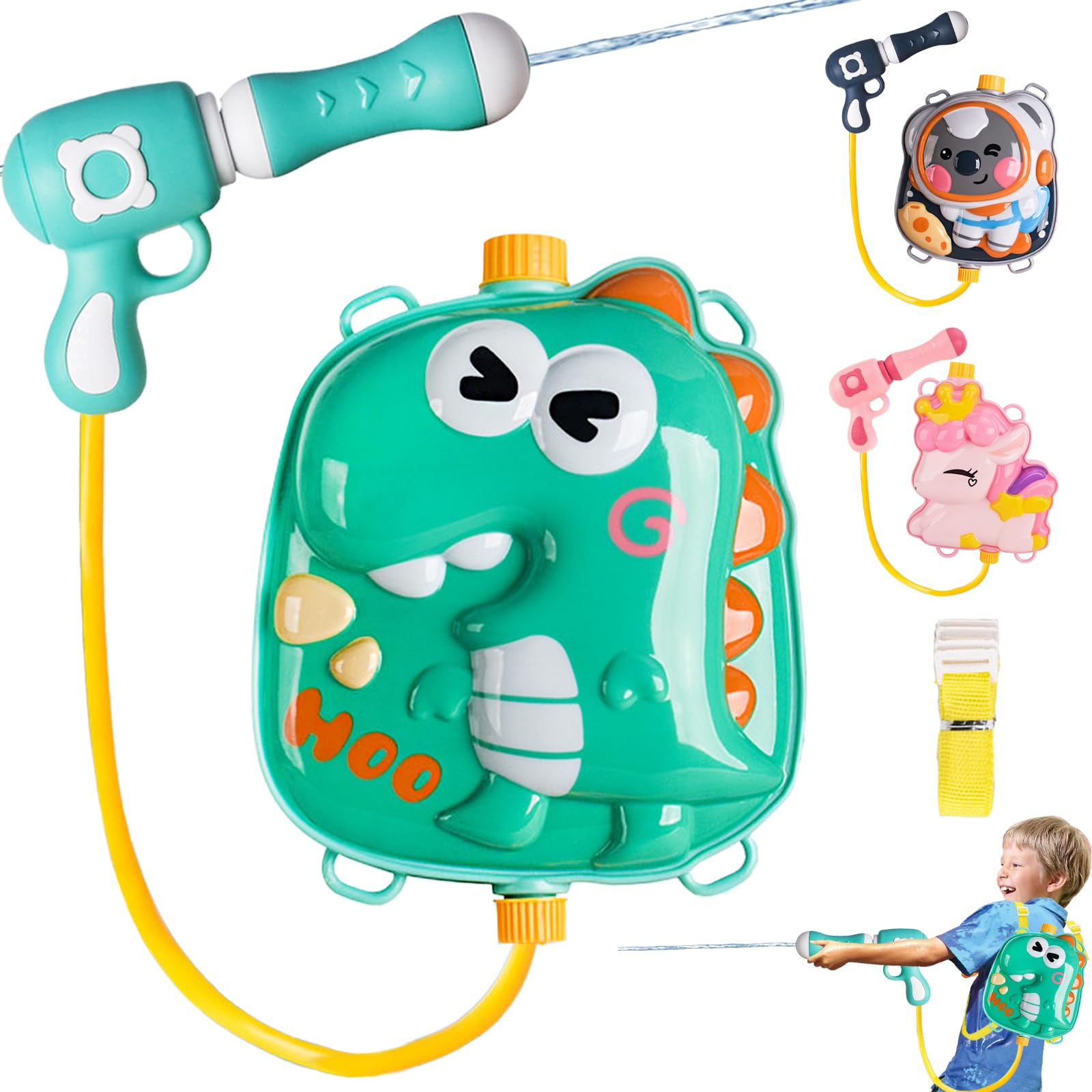 Mochila Pistola de Agua, Dinosaurio Pistola Agua para Niños con Correa de Hombro Ajustable, Juguete Agua para Niños con Depósito Agua de 2000 ml, Juguete Agua para Verano, Playa, Piscina
