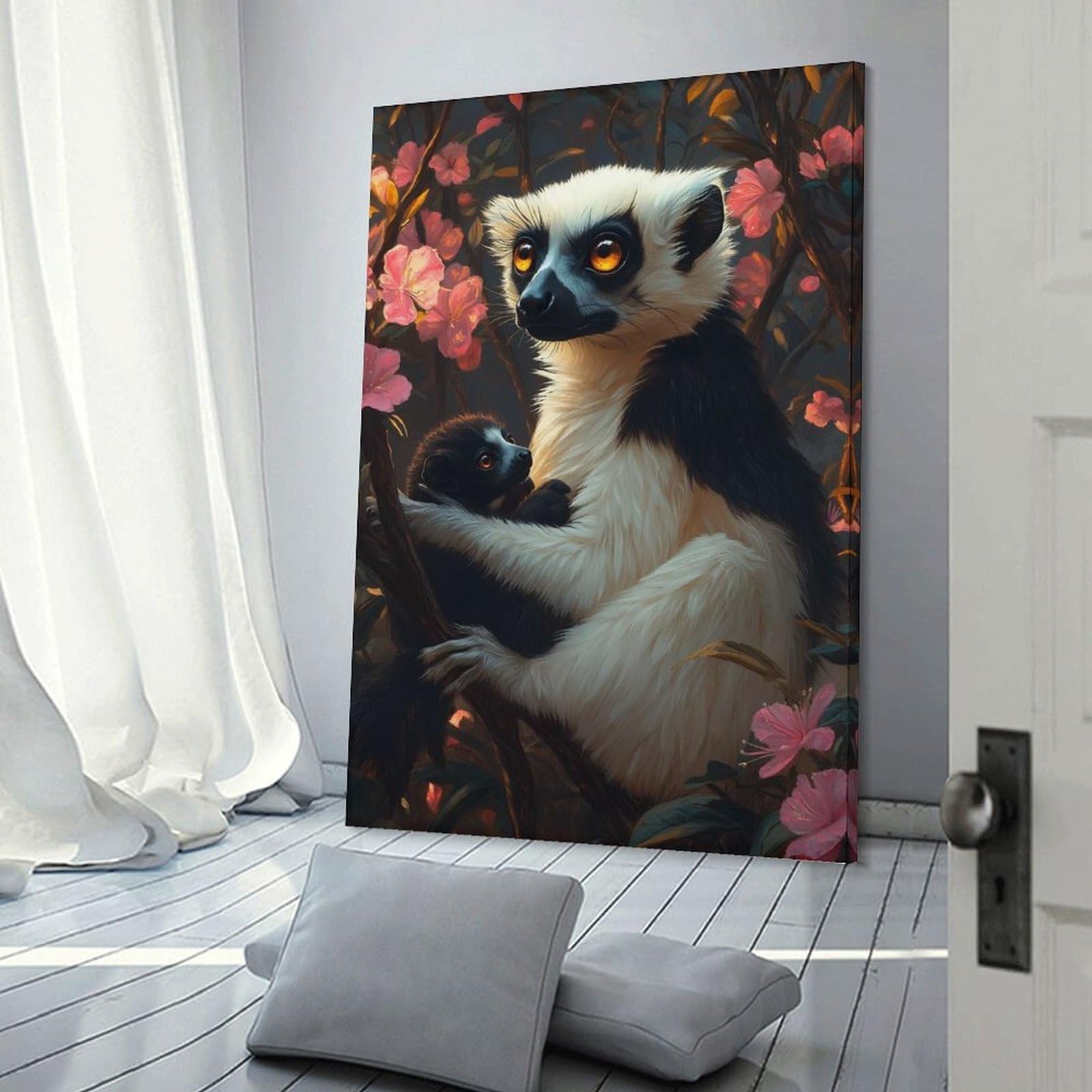 Junmoney Frame-Style-18 Lemur Mother And Baby In Bloom Wall Picture Print, 24X36inch(60X90cm), For Wall Displays, Bedrooms Or Room Updates, Decorative Artwork With Flexible Styling